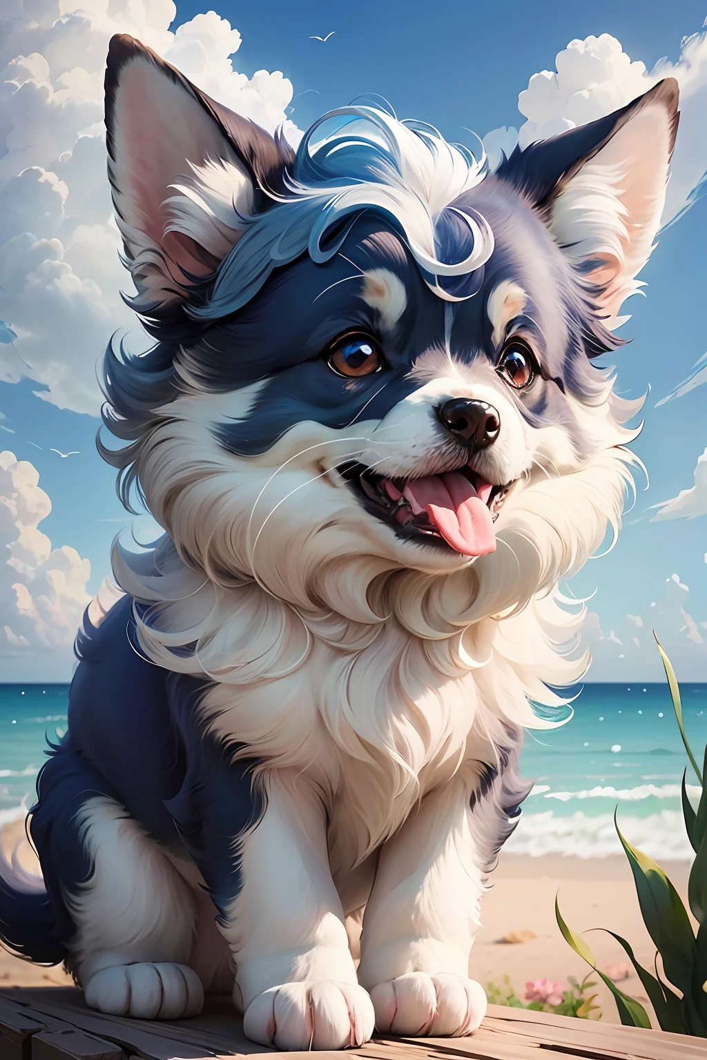 a cute and happy puppy sitting on top of a fluffy white cloud against a blue sky background. The puppy has a big smile on its face, with its tongue hanging out, and its ears perked up. Its fur is light brown with white markings around its face and paws. The cloud is depicted with a soft, pillowy texture, and the blue sky has a gradient effect, transitioning from light blue at the horizon to a deeper shade of blue higher up. The overall style of the image is whimsical and playful, with a touch of innocence and joy. --auto --s2