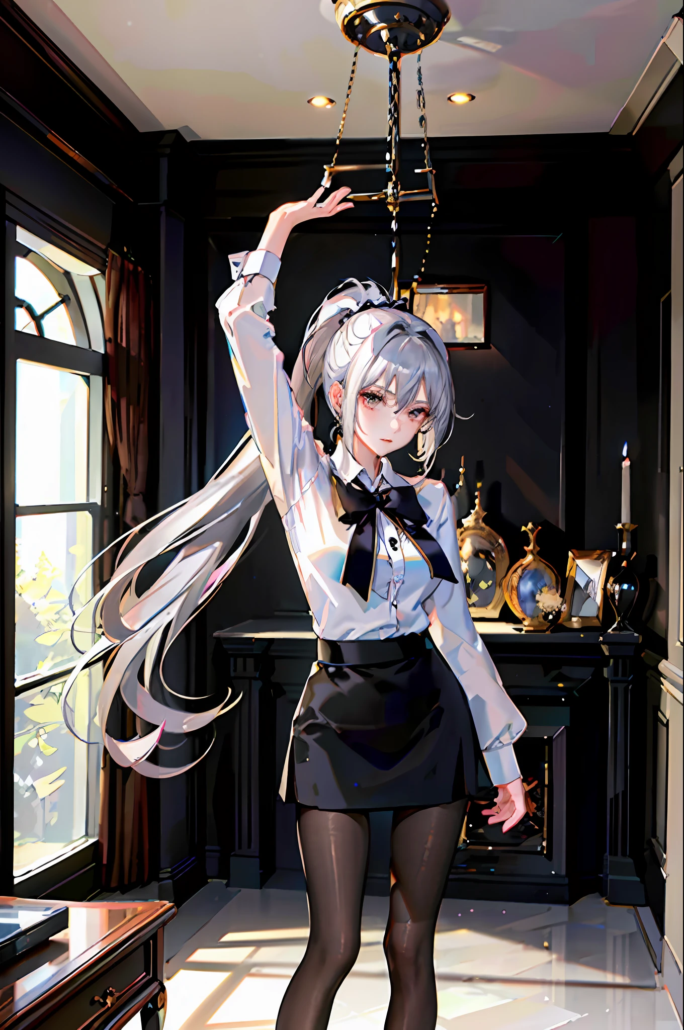 ((1 girl)),(high detailhyper quality,high resolution,),(epic detail),(Exquisite makeup),{Best Shadow},(Living room),((Fluffy silver hair, busty and slender girl with high ponytail)), Avoid blonde eyes in the ominous living room, (((Girl wears a white shirt, black wrinkled skirt, With black transparent pantyhose))), {shows a delicate slim figure and graceful curves}, (stands), ((hands behind the head))))), ((has straight features)), and is in focus