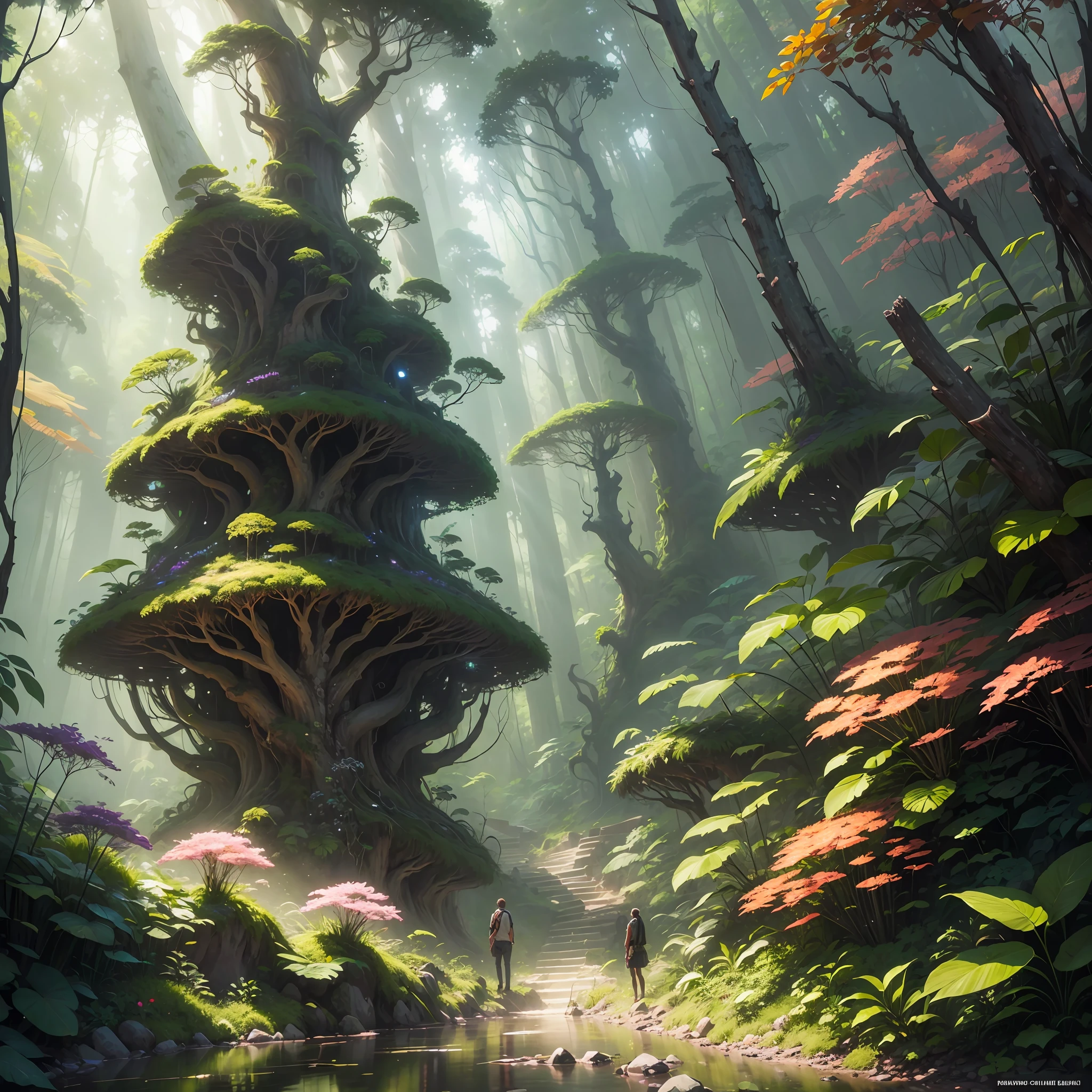 Digital illustration, detailed and intricate, realistic picture of a dense rainforest with wild flowers , the sunlight filtering through the canopy to a wide river, Dark and dirty prism effect.In the style of Yoshitaka Amano and Hayao Miyazaki, masterpiece, proportional, detailed, trending on artstation, beautiful lighting, realistic, intricate, award winning, 4k, highest quality Award-winning, 4K digital painting in the style of Yoshitaka Amano. Detailed and intricate depiction of rainforest ecosystem, masterfully capturing the chaos and drama of the nature. Beautiful lighting and cinematic composition make this piece a true masterpiece, trending on artstation --auto --s2