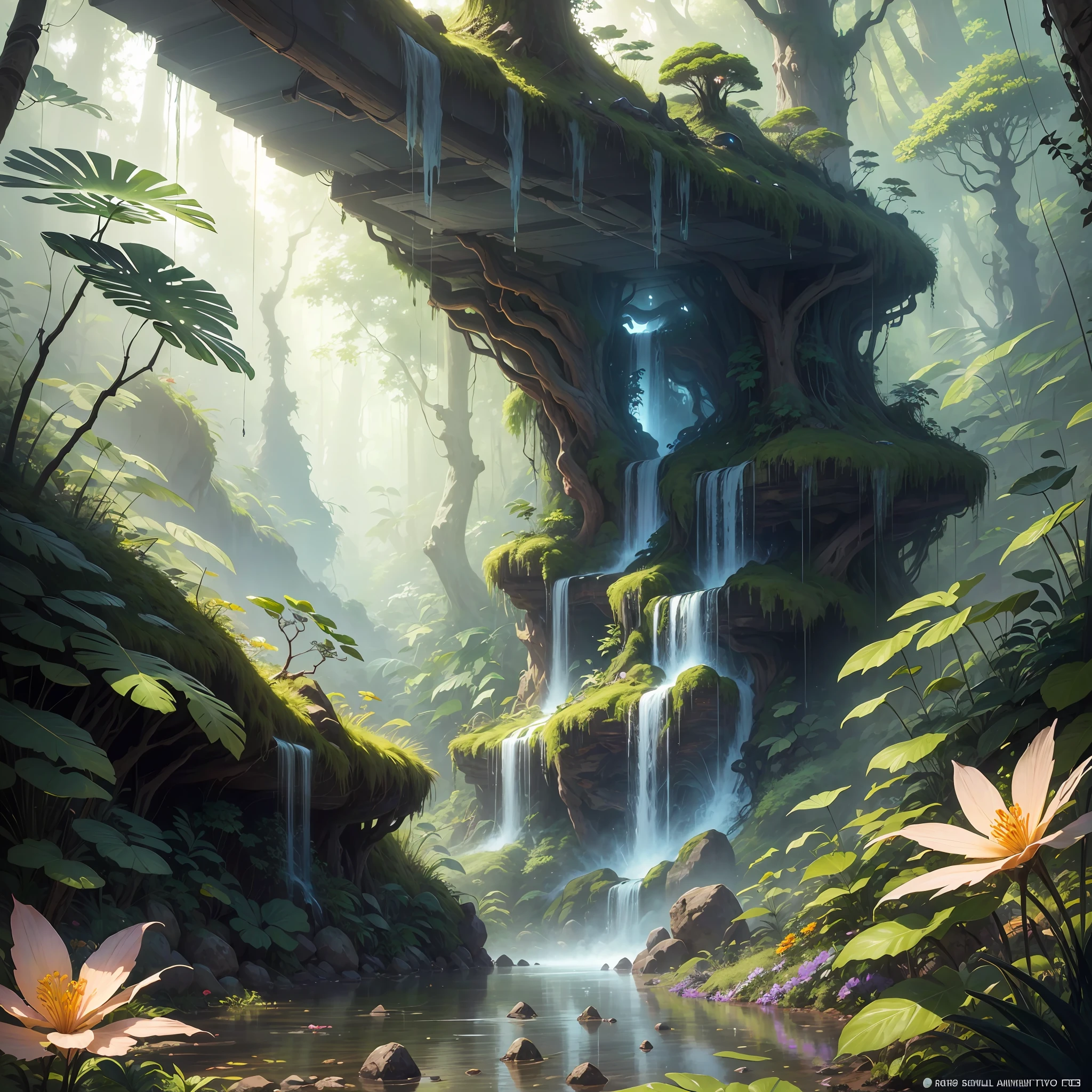Digital illustration, detailed and intricate, realistic picture of a dense rainforest with wild flowers , the sunlight filtering through the canopy to a wide river, Dark and dirty prism effect.In the style of Yoshitaka Amano and Hayao Miyazaki, masterpiece, proportional, detailed, trending on artstation, beautiful lighting, realistic, intricate, award winning, 4k, highest quality Award-winning, 4K digital painting in the style of Yoshitaka Amano. Detailed and intricate depiction of rainforest ecosystem, masterfully capturing the chaos and drama of the nature. Beautiful lighting and cinematic composition make this piece a true masterpiece, trending on artstation --auto --s2