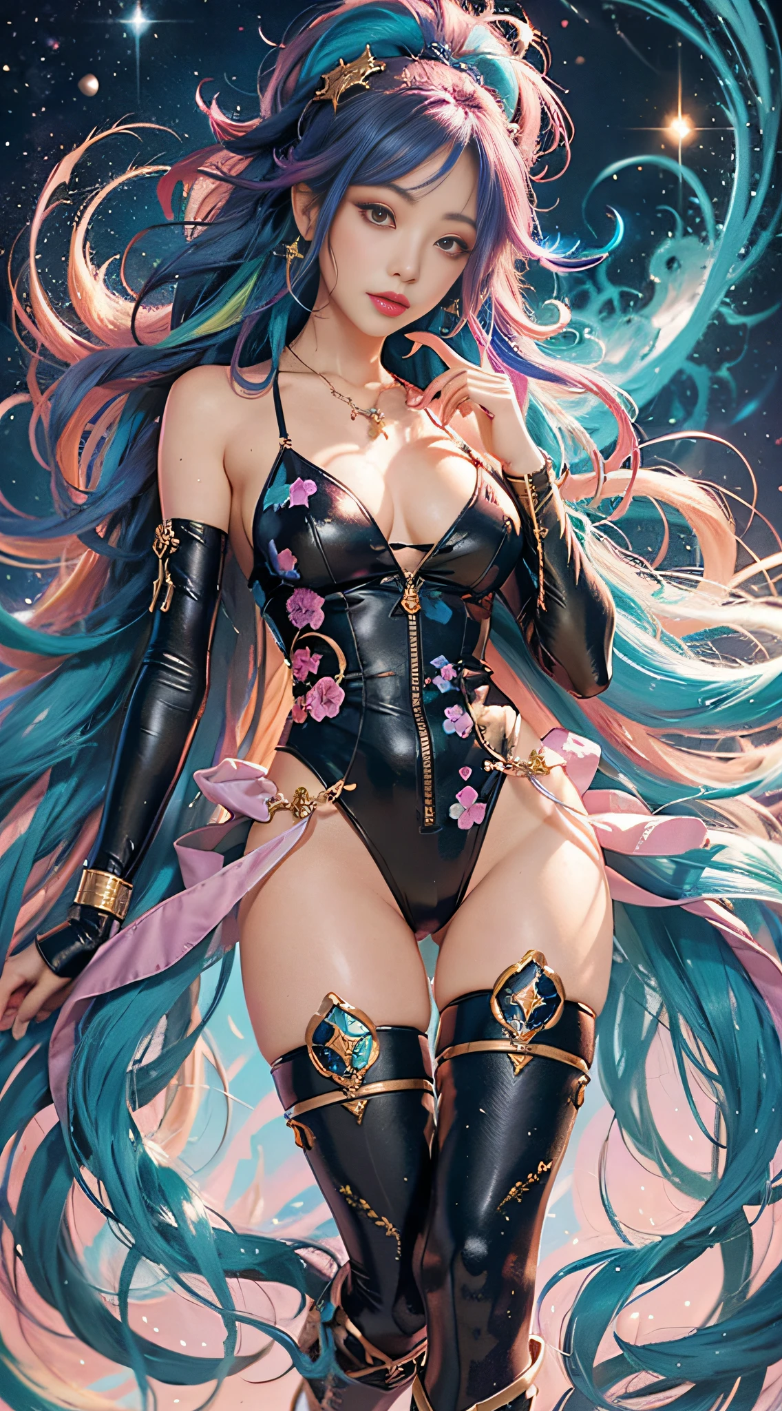 Close-up of a woman with colorful hair and necklace, anime girl with cosmic hair, Rossdraws' soft vitality, Guvez style artwork, fantasy art style, colorful]", vibrant fantasy style, Rossdraws cartoon full of vitality, cosmic and colorful, Guweiz, colorful digital fantasy art, stunning art style, beautiful anime style, full body lighting, skin brightening, sexy expression