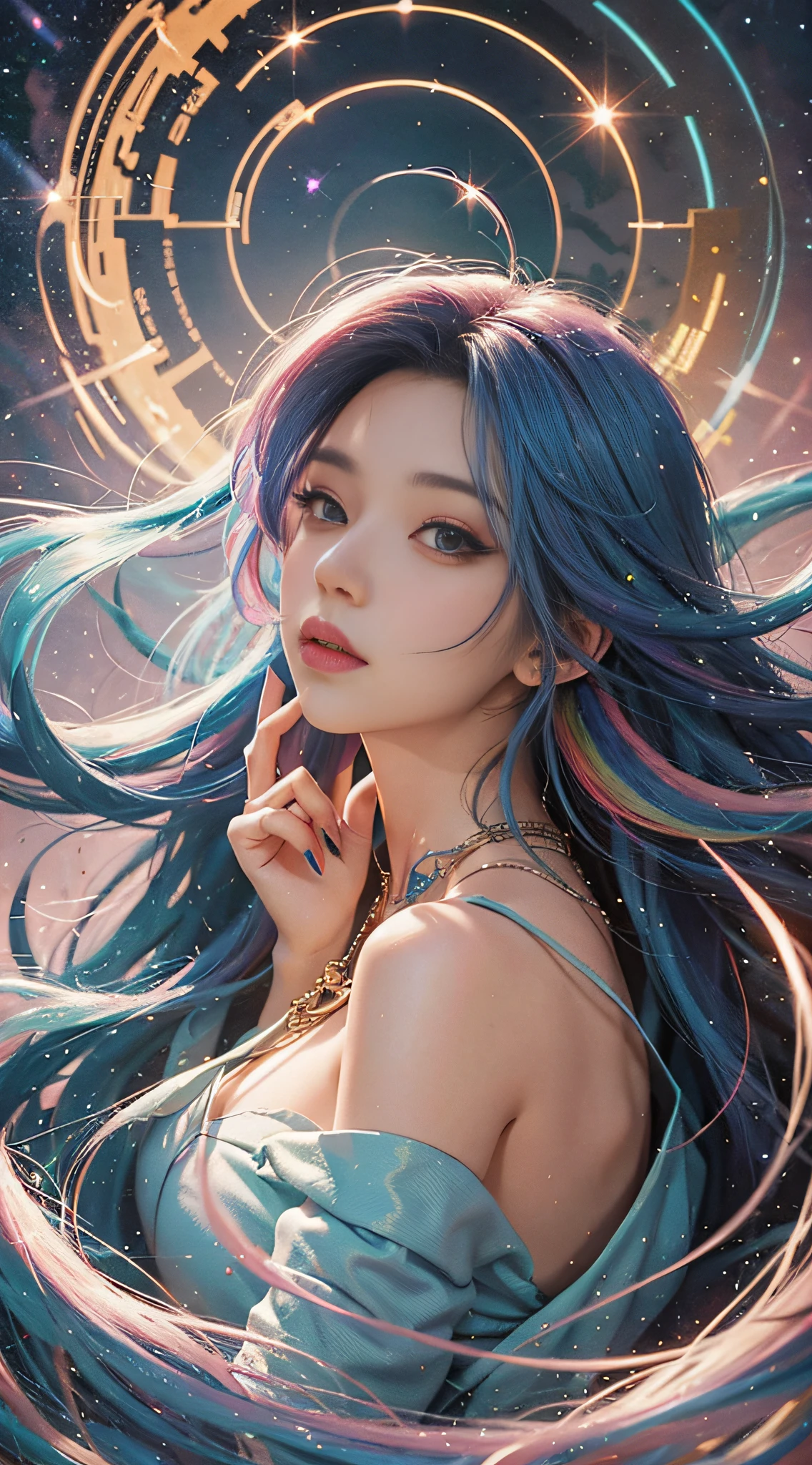 Close-up of a woman with colorful hair and necklace, anime girl with cosmic hair, Rossdraws' soft vitality, Guvez style artwork, fantasy art style, colorful]", vibrant fantasy style, Rossdraws cartoon full of vitality, cosmic and colorful, Guweiz, colorful digital fantasy art, stunning art style, beautiful anime style, full body lighting, skin brightening, sexy expression