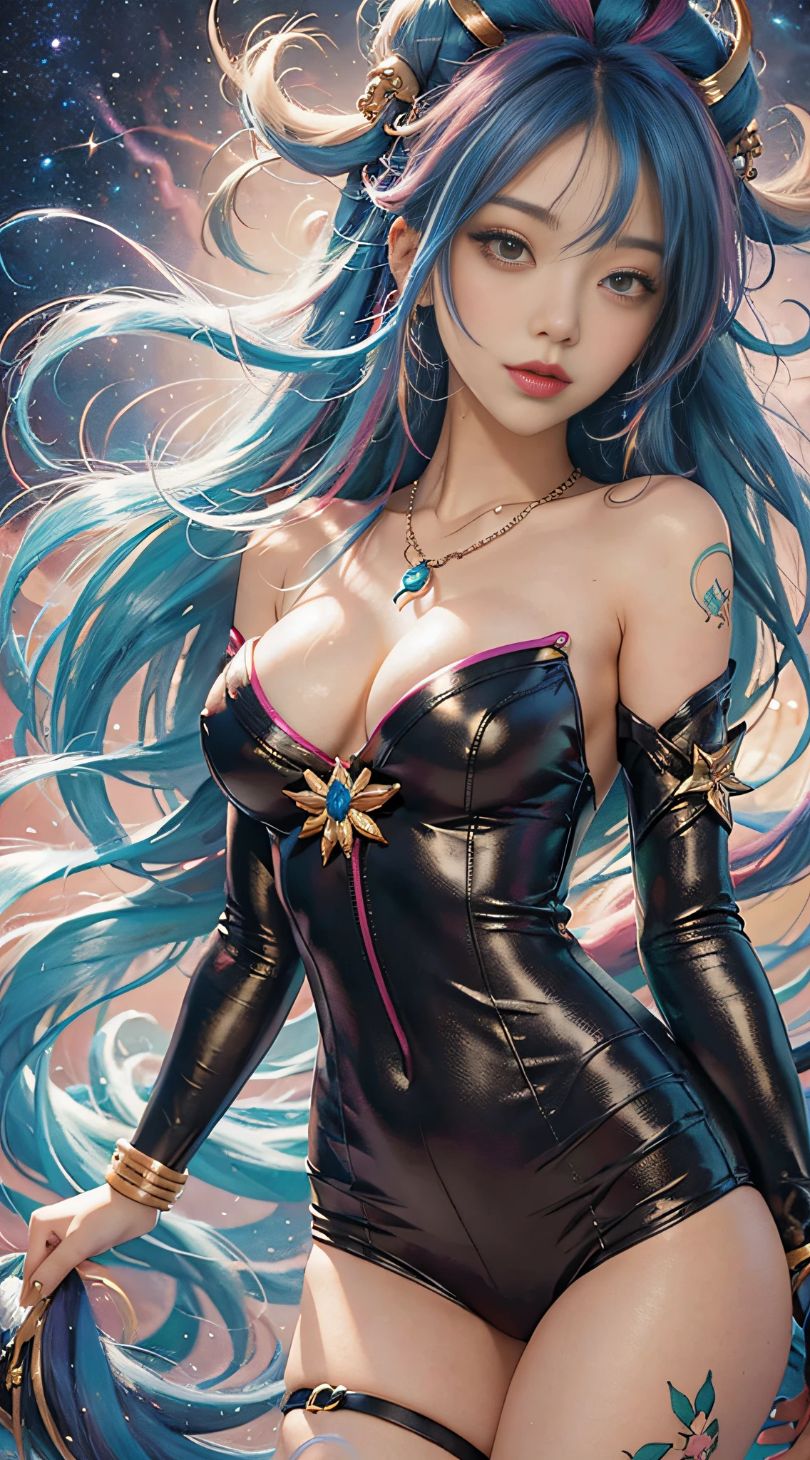Close-up of a woman with colorful hair and necklace, anime girl with cosmic hair, Rossdraws' soft vitality, Guvez style artwork, fantasy art style, colorful]", vibrant fantasy style, Rossdraws cartoon full of vitality, cosmic and colorful, Guweiz, colorful digital fantasy art, stunning art style, beautiful anime style, full body lighting, skin brightening,  expression