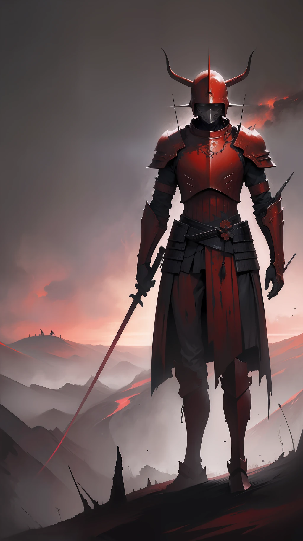 Zdzislaw Beksinski A red armor goast samurai stand alone in a desolate landscape, surrounded by an endless void of darkness