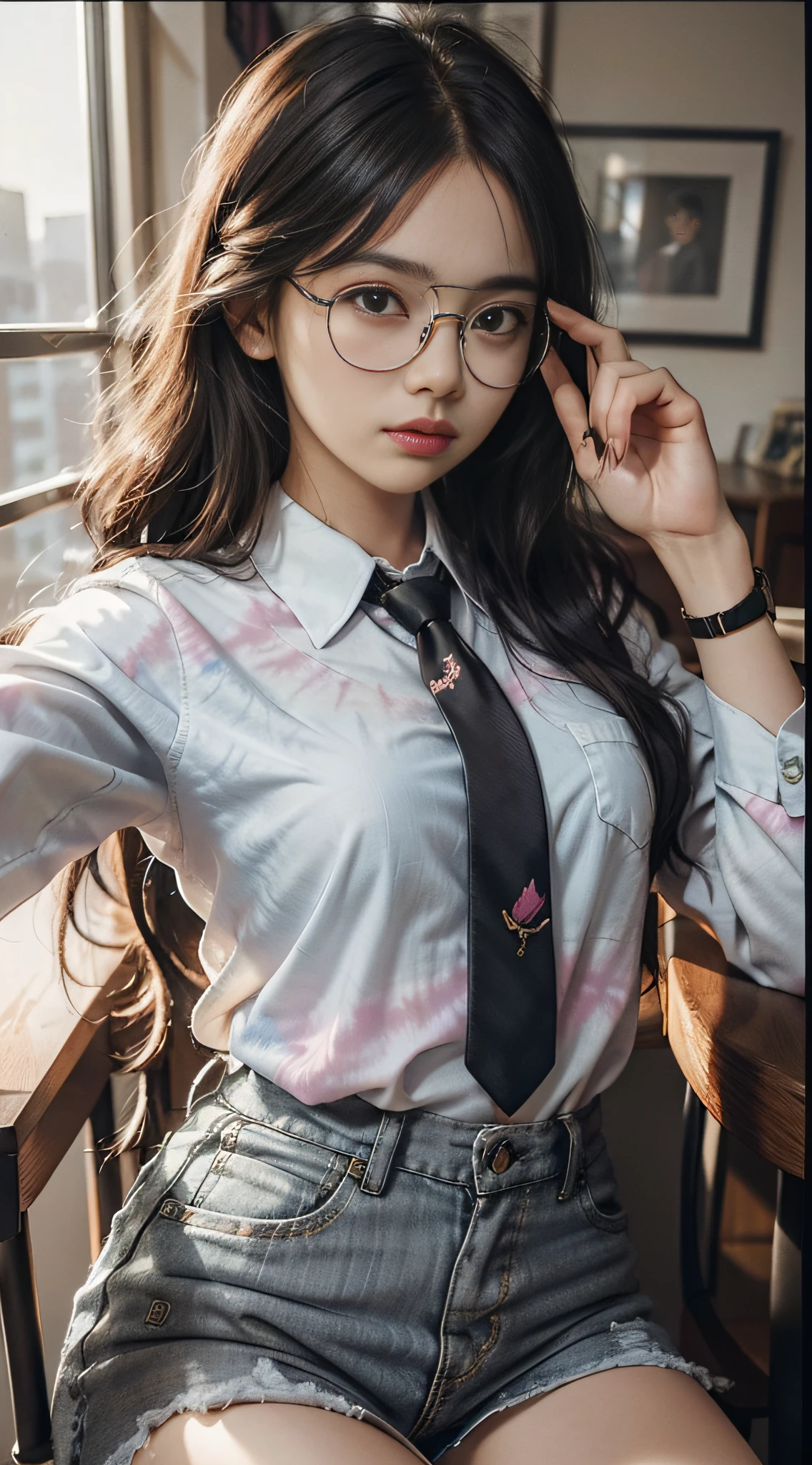 a young woman posing for a selfie wearing glasses and a tie dye shirt, 1girl, glasses, solo, long hair, looking at viewer, black-framed eyewear, lips, chair