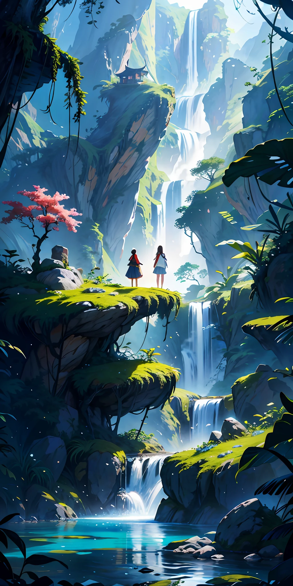 Chinese ancient times, spring, jungle, lake, cave, waterfall, tree, meadow, rock, deer, hot spring, water vapor, 1 girl looking at the scene, (illustration: 1.0), epic composition, realistic lighting,Detailed,Realistic,4k highly detailed digital art,octane render, bioluminescent, BREAK 8K resolution concept art, realism,by Mappa studios,masterpiece,best quality,official art,illustration,ligne claire,(cool_color),perfect composition,absurdres, fantasy,focused,rule of thirds,