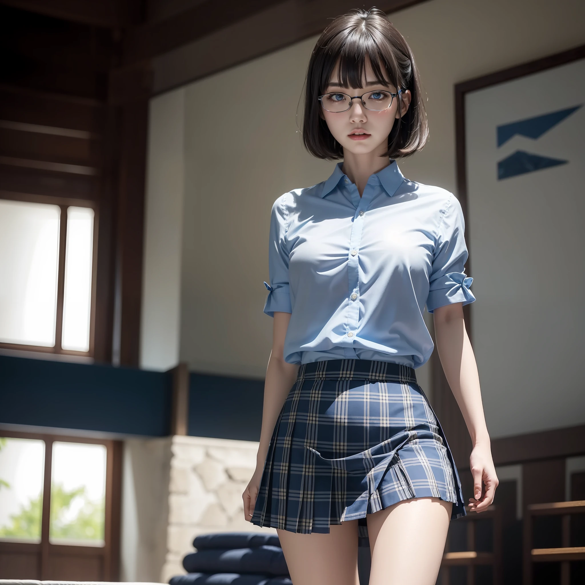 Alone, Solo,(8K, RAW Photo, Best Quality, Masterpiece:1.2),Short Hair,Glasses,Chinese Woman,Standing,Tight Eyes,Thin,Crunchy,Angry,Small,Flat Breasts (Realistic, Photorealistic:1.37), Best Quality, Ultra High Resolution, Photon Mapping, Radiosity, Physically Based Rendering, Blurred, Foreground, Depth of Field, Blurred Background, Photo_\( Medium), Motion Blur, Girl, (Full) Body), Long Legs, Thin Legs, Medium Hair, Bangs, (Bangs Visible), hair_ornament, Lips, blue_eyes, Nosesoft, China, Light blue shirt, Navy blue and blue and white plaid pleated skirt, Sheer clothing, Black loafers, Tsi-hai, Black cotton socks,