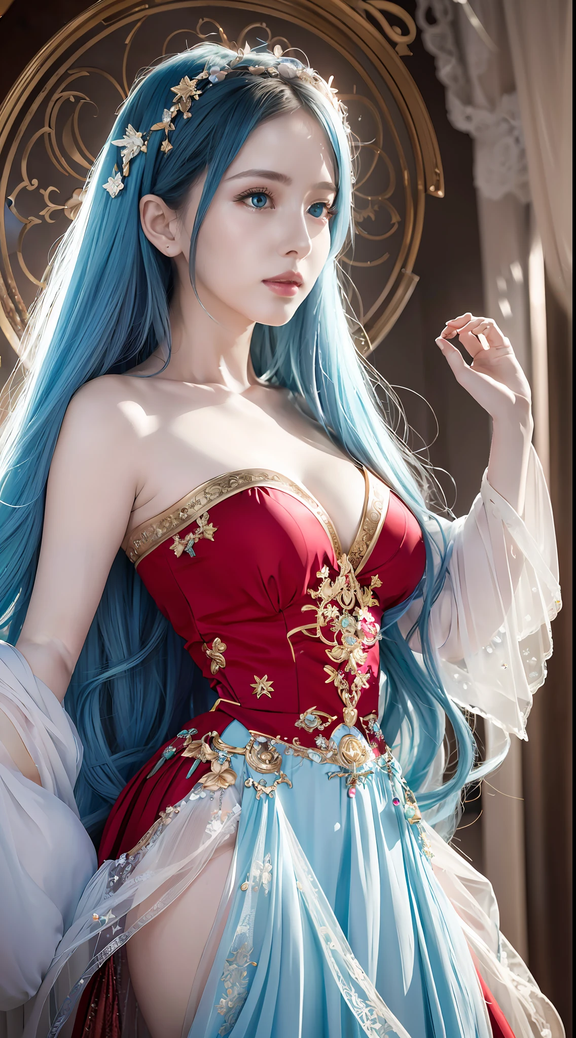 (8K, Best Quality, Masterpiece: 1, 2), (Realistic, Photo Realistic: 1, 37), Top Quality, Masterpiece, There Is a Woman in Red Dress Posing for Photos, Moon-Themed Costume, Astral Witch Costume, Fantasy Costume, Live Action Girl Role Play, Beautiful Celestial Mage, Inspired by Cold Plum, Bandeau Dress, Pop on CGSTATION, Celestial Goddess, April Rendering, Light Blue, Fantastic Medium Portrait Top Light, Light Blue Skin, Amouranth, Fantasy dresses