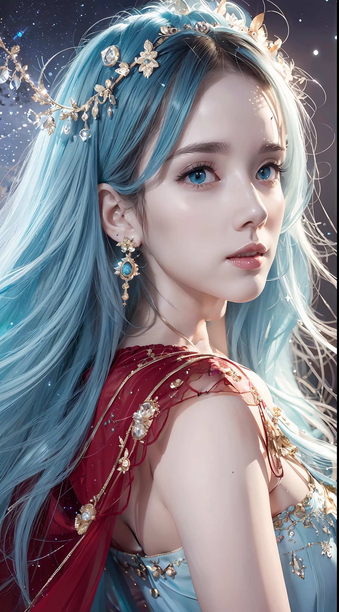 (8K, Best Quality, Masterpiece: 1, 2), (Realistic, Photo Realistic: 1, 37), Top Quality, Masterpiece, There Is a Woman in Red Dress Posing for Photos, Moon-Themed Costume, Astral Witch Costume, Fantasy Costume, Live Action Girl Role Play, Beautiful Celestial Mage, Inspired by Cold Plum, Bandeau Dress, Pop on CGSTATION, Celestial Goddess, April Rendering, Light Blue, Fantastic Medium Portrait Top Light, Light Blue Skin, Amouranth, Fantasy dresses