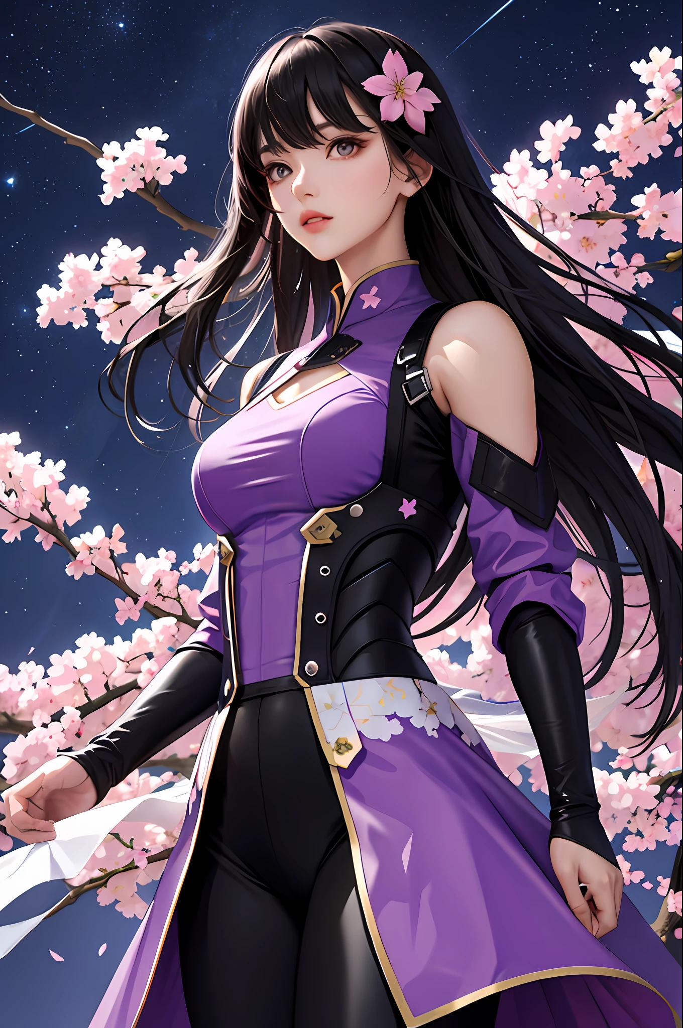 Masterpiece, top quality, upper body, black hair straight, sakura pattern combat suit, black hair straight hair, starry sky, purple beam, sakura flower