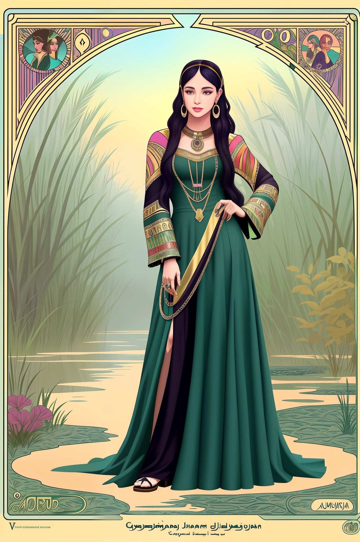 CCDWR Illustrated Artwork with (Full Body) Portraits of Beautiful (Egyptian) Women [odalisque | Gypsies | Nomads | Witches | Goddesses] possesses perfect [anatomy|silhouette] and perfect [diorama | body shape | physique] across a [flood | swamp] oasis [ mangrove | river | swamp] In the middle of the Sahara, CCDWR concept [ art | character design | costume design | fashion design ] (in (colorful new Victorian style) CCDWR artstyle [（Victo Ngai）| James Jean] inspired by Alphonse Mucha