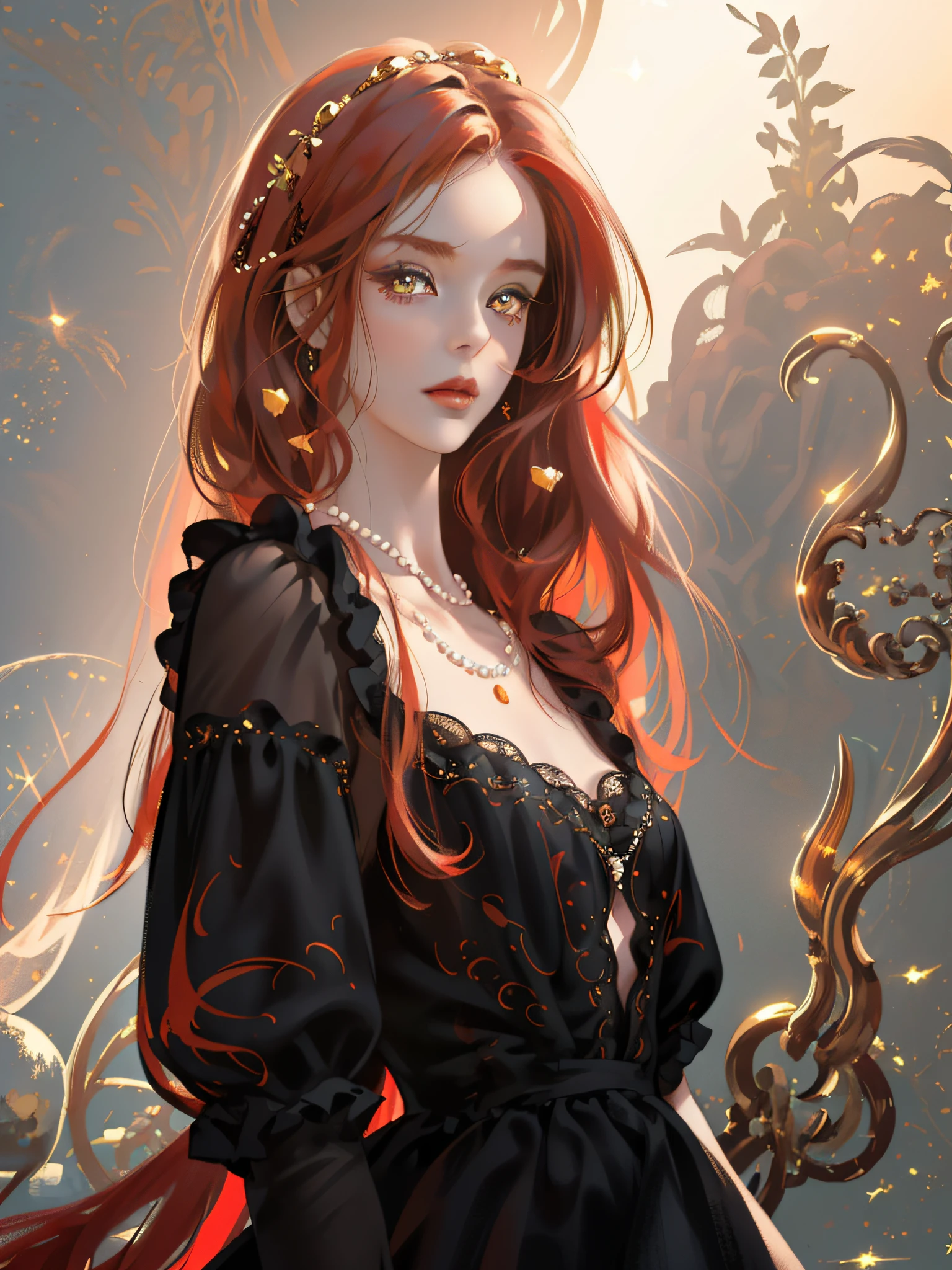 (((Masterpiece)), high quality, super detailed, red hair + black clothing: 1.2, sweet and delicate girl, Lolita, delicate facial features, perfect figure, face with decoration, bright bright colors, pearl white background, romantic long hair, natural light, warm and sweet, golden eyes, gorgeous hair decoration.
