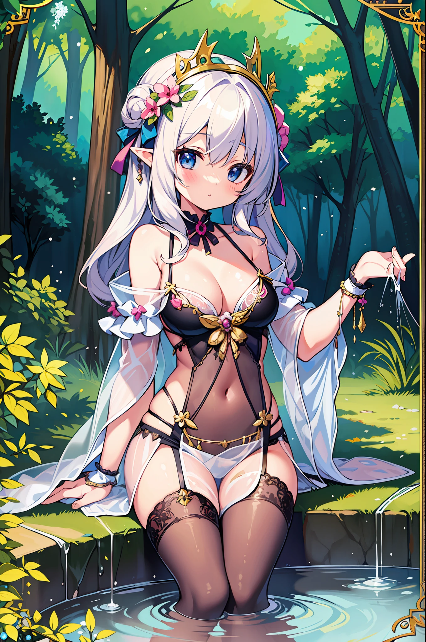 (MASTERPIECE), (Best Quality), (Ultra Detail), Official Art, One Girl, Light-Colored Hair Loli, Petite Girl, Fairy Loli, See-Through Robe, Small Breasts, Cleavage, Off Shoulder, Underboob, Side Boob, Thigh Focus, Navel Out, Card Illustration, Deep Forest Fountain