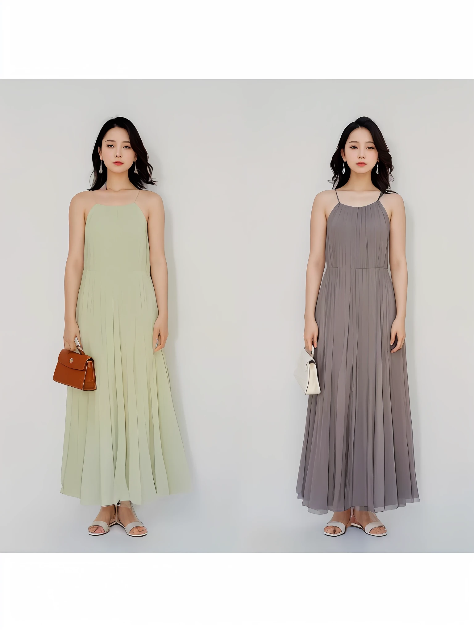 ((Realistic Natural Light, Best Quality, 8K, Masterpiece:1.3)), Ultra High Resolution, (Photorealistic:1.4), Original Photo, Sharp: 1.2, f50, Photo Shoot, ((Full Body Photo: 1.5)), Two women in dresses standing side by side, shooting full body from below, Korean women's model, beauty with perfect figure: 1.2, (wearing simple design sense summer dress: 1.2), atmospheric distance, instagram, sunny morning light, elegant pose, wearing artistic pearl necklace and earrings, standing on modern marble interior background, flowing dress, 2 colors, watercolor dress, summer, Jimin