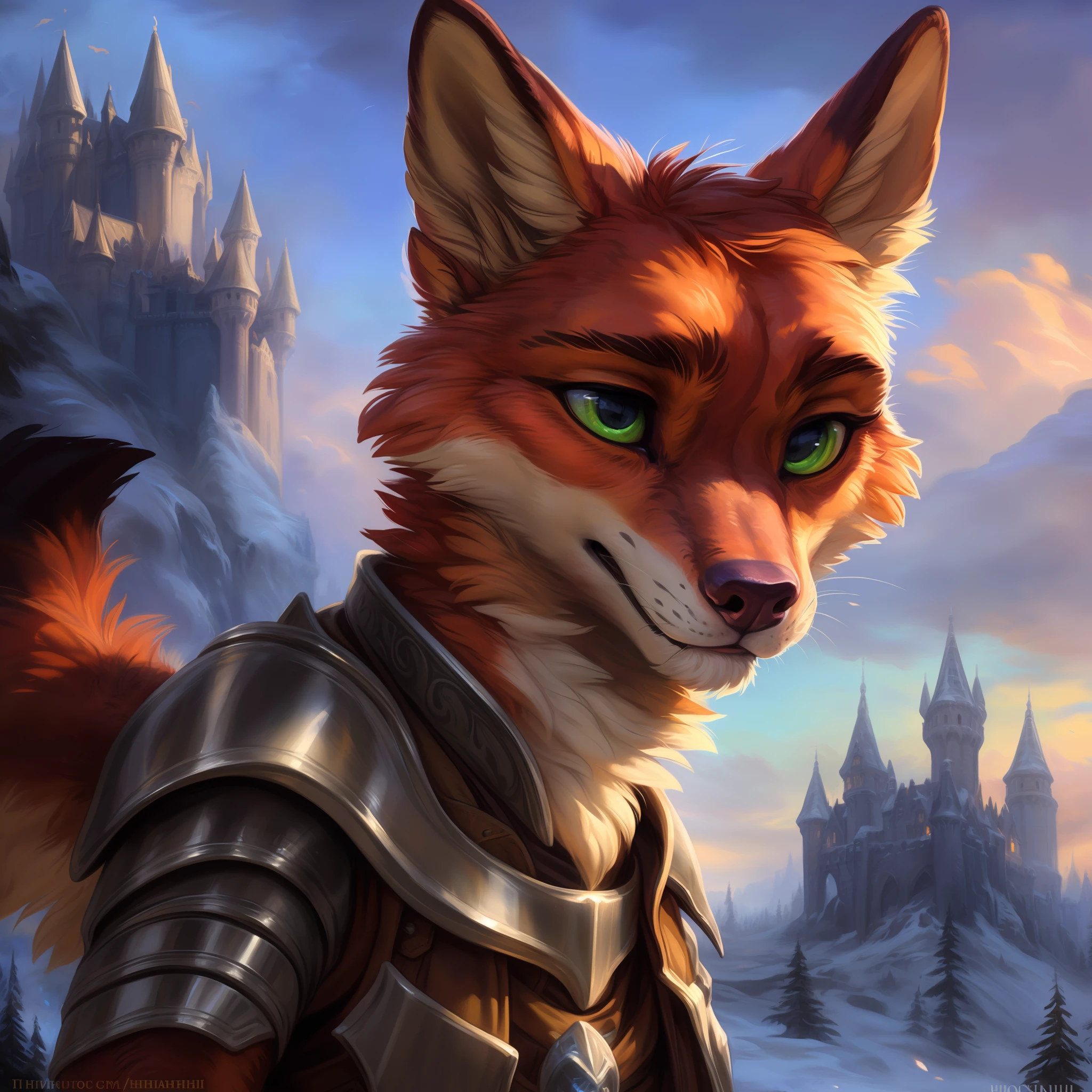 (by hioshiru and kenket and dimwitdog, Michael &amp; Inessa Garmash, Bonifasko, Ross Tran, Ruan Jia, Pino Daeni, Chunie), 8k, photorealistic, highly detailed, unreal engine 5, absurd resolution, full-size shot of Nick Wilde as a paladin, Zootopia face style, standing straight, young adult, sharp ears, green eyes, eyes opened, serious expression, agressive look, (muscular:0.7), snowy castle on the background, solo, alone, medieval pants, silver mail, cinematic lighting, foxovh