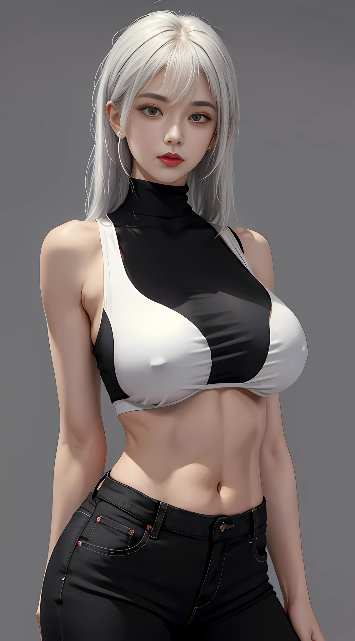 Girls, Bangs, Bare Shoulders, Black Pants, Breasts, Breasts squeezed together, Grey background, Hair between the eyes, Huge breasts, Long hair, View Viewer, Pants, Parted lips, Red eyes, Shirt, Simple background, Sleeveless, Sleeveless shirt, Solo, Turtleneck, V arm, White hair,(Shiny skin),(Masterpiece:1.4),(Best quality:1.4),,Facigirl,Red lips,Perfect abs, belly button, (nipple: 1.5), (sheer areola), nipple, huge, sweat,