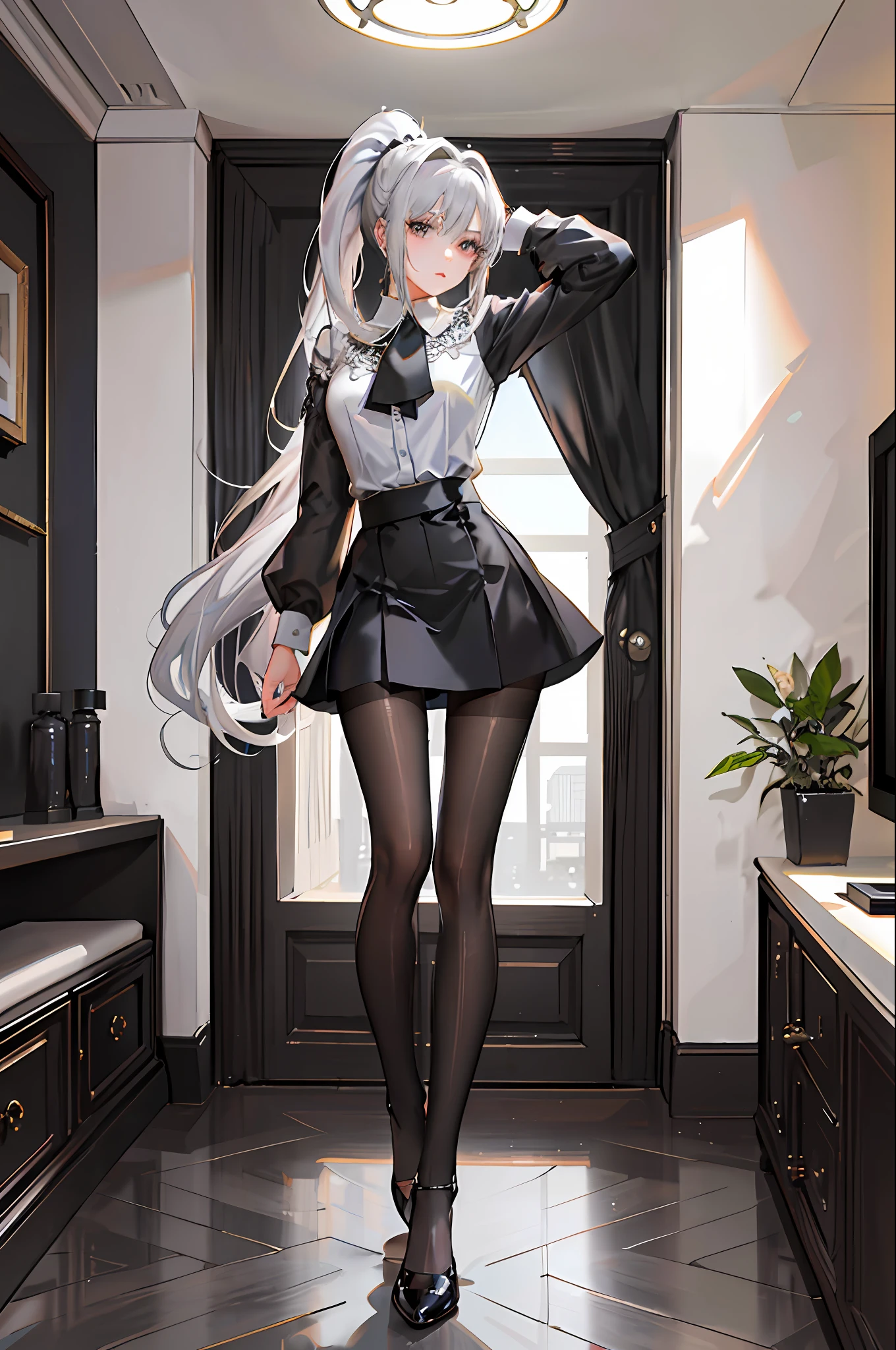 ((1 girl)),(high detailhyper quality,high resolution,),(epic detail),(Exquisite makeup),{Best Shadow},(Living room),((Fluffy silver hair, busty and slender girl with high ponytail)), Avoid blonde eyes in the ominous living room, (((Girl wears a white shirt, black wrinkled skirt, With black transparent pantyhose))), {shows a delicate slim figure and graceful curves}, (stands), ((hides your hands behind your head))))), (facial details)