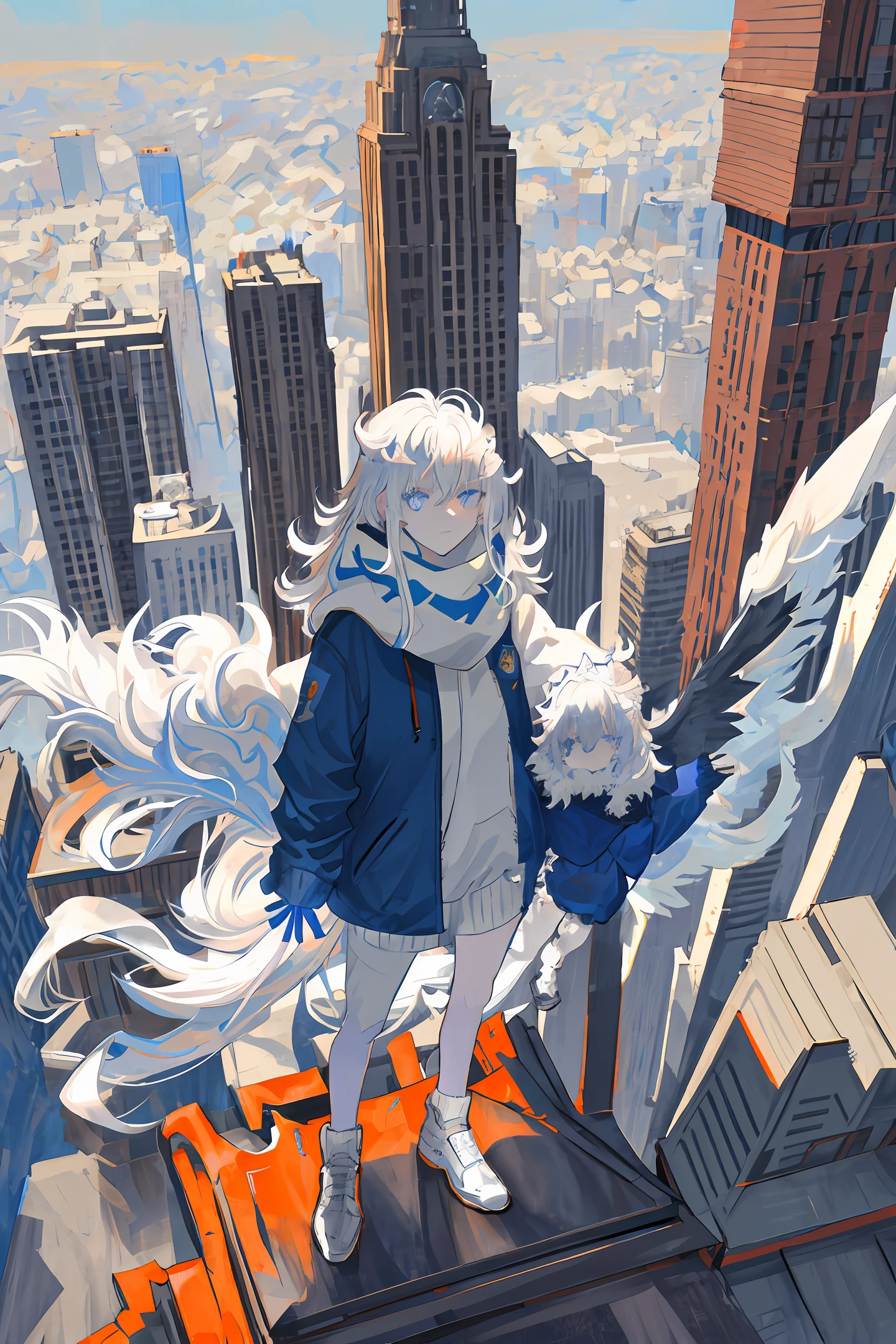 furry, beast, two people, hoodie, long scarf, silver-white hair, messy hair, silver-white all over, blue eyes, different pupils, background, city, night, rooftop, starry sky, left hand in pocket, figure on the right, 8k quality, extreme light and shadow