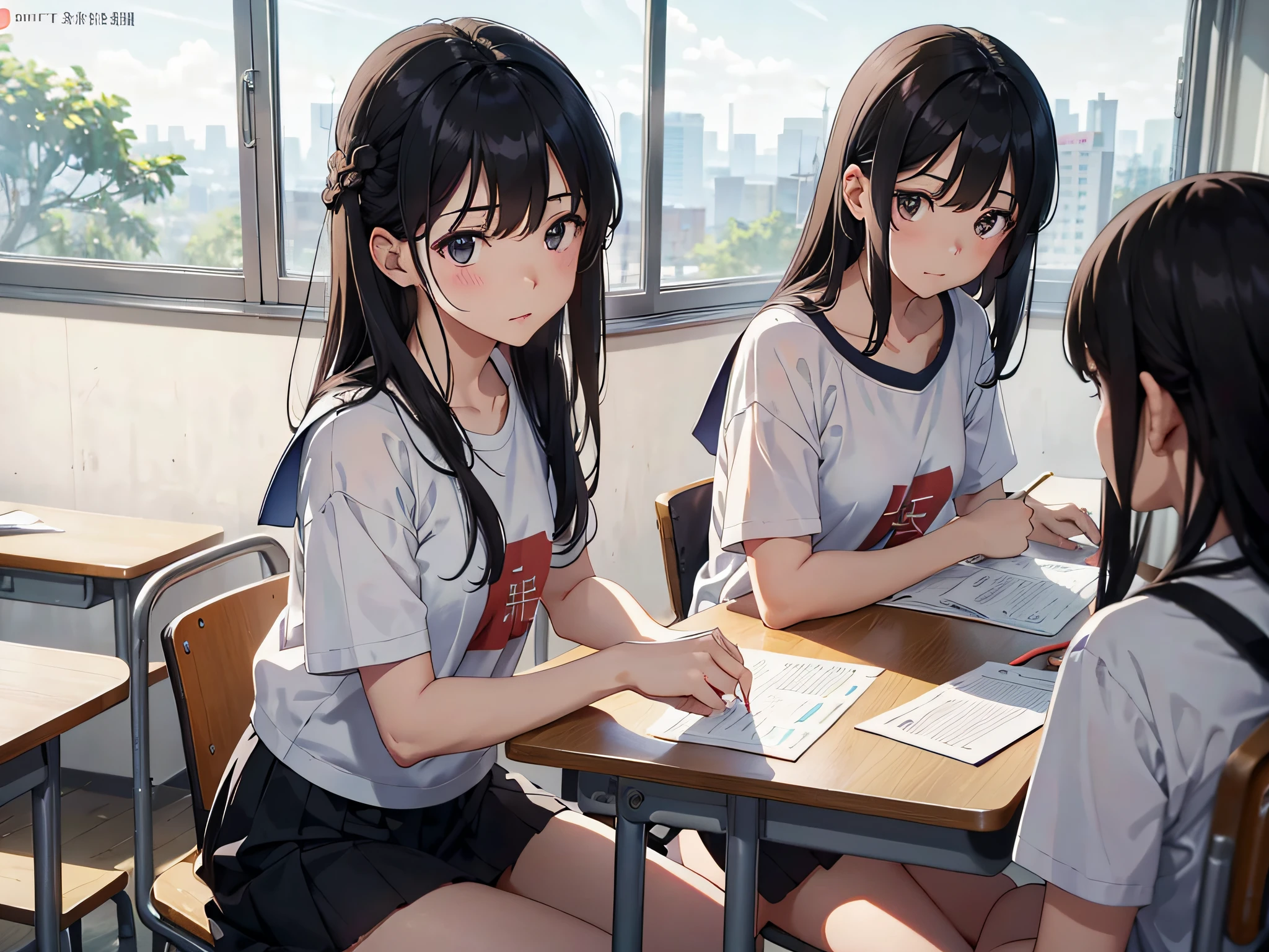 A number of students are sitting in the classroom, in the classroom exam, there is a girl looking at the camera, this classmate is sitting in a white skirt, many students are looking at the test paper as the background, these male students are wearing white T-shirts, short black hair, incredible facial expressions, disappointed expressions, the camera is mainly featured on the upper body, in the Loepfe art style ((Xinhaicheng): 1.5), popular in CGStation, Xinhaicheng H 2160, inspired by Bian Shoumin, Xinhaicheng, Kavasi, Guwitz's style, high-quality pictures, 4K, 8K, resolution