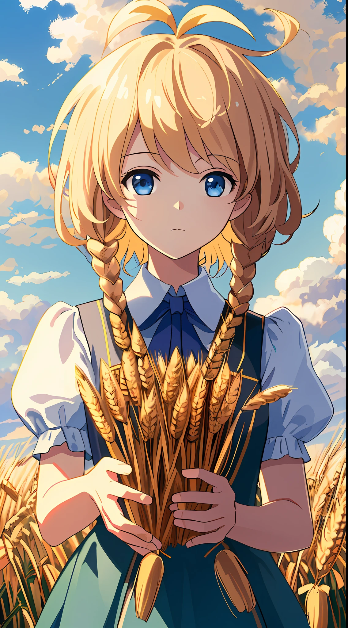 Masterpiece, best quality, (very detailed CG unified 8k wallpaper) (best quality), (best illustration), (best shade) naturally harvested wheat, super detailed, harvester, white clouds, blue sky, (no humans: 1.6) --v6