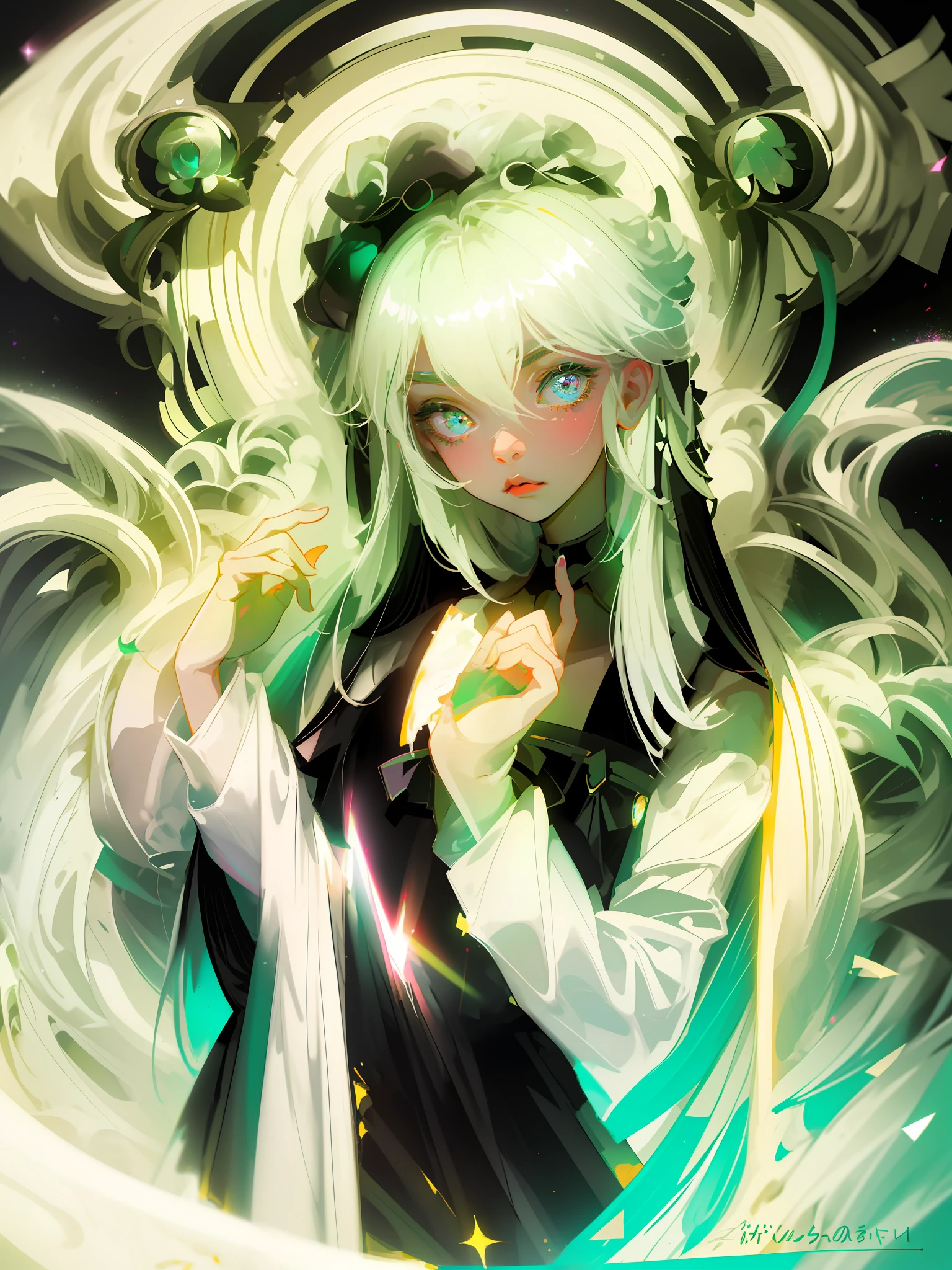 Masterpiece, best quality, super high resolution, fluorescent color,
1 girl, looking at the audience, beautiful face, beautiful eyes, head up, upper body, forest, shiny hair, shiny skin, glowing hair, cutout, chibi, finger scale coordination, black starlight dress, particles