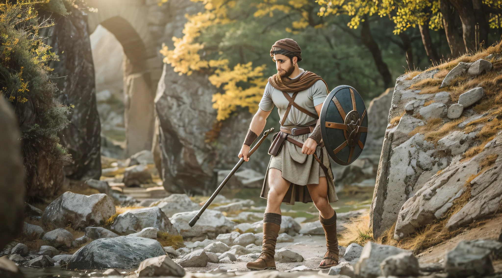 Young shepherd David positioning one of the stones in the sling, preparing for the confrontation with Goliath. RAW photo, small details, photorealistic, ultra-realistic photo, 8k uhd, dslr, soft lighting, high quality, grain film, Fujifilm XT3, (masterpiece: 3.1) --auto --s2