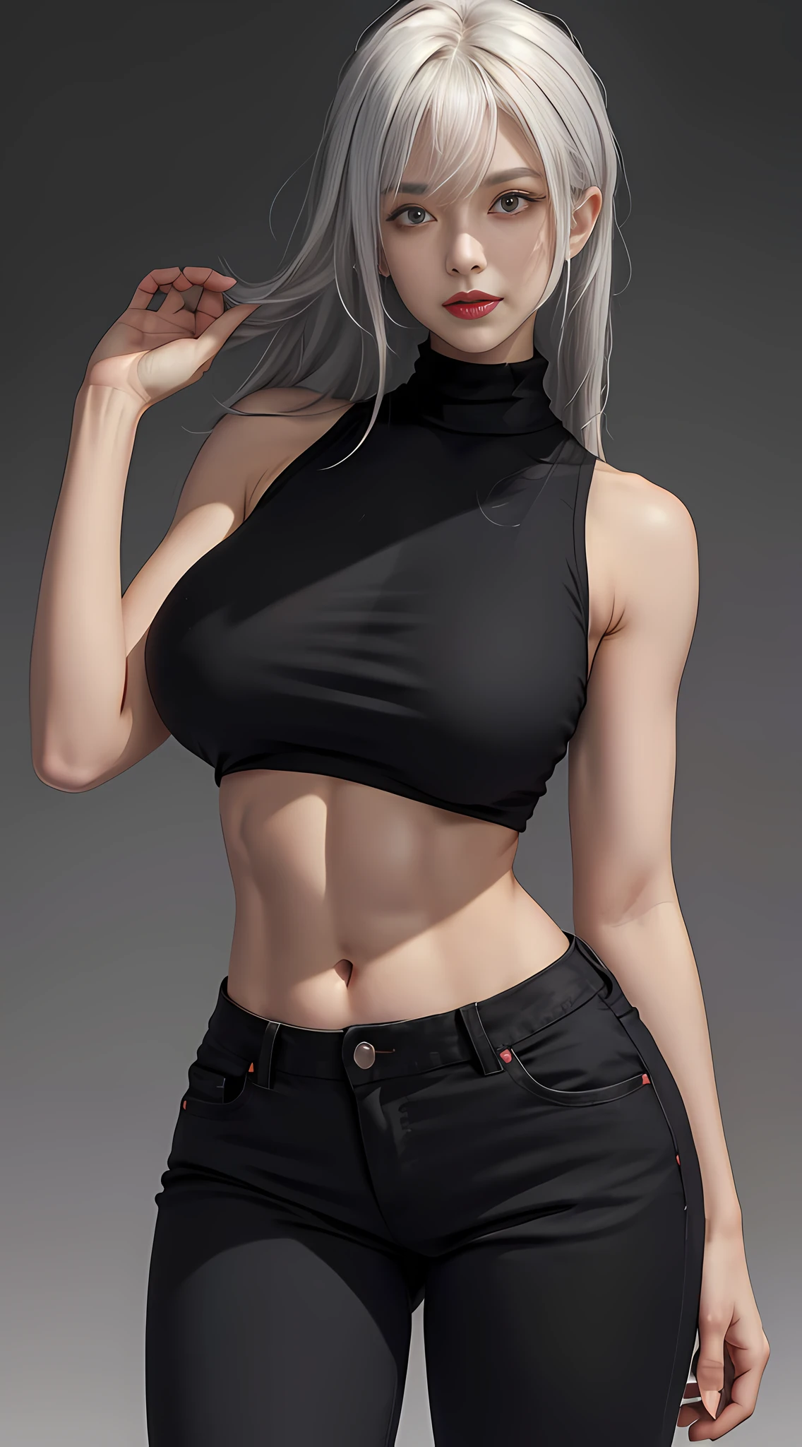Girls, Bangs, Bare Shoulders, Black Pants, Breasts, Breasts squeezed together, Grey background, Hair between the eyes, Huge breasts, Long hair, View Viewer, Pants, Parted lips, Red eyes, Shirt, Simple background, Sleeveless, Sleeveless shirt, Solo, Turtleneck, V arm, White hair,(Shiny skin),(Masterpiece:1.4),(Best quality:1.4),,Facigirl,Red lips,Perfect abs, belly button, (nipple: 1.5), (sheer areola), nipple, huge, sweat,