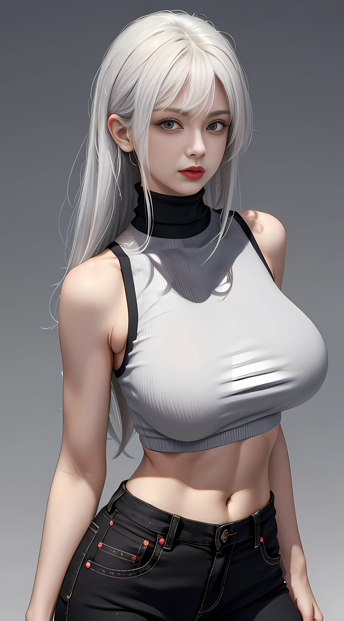 Girls, Bangs, Bare Shoulders, Black Pants, Breasts, Breasts squeezed together, Grey background, Hair between the eyes, Huge breasts, Long hair, View Viewer, Pants, Parted lips, Red eyes, Shirt, Simple background, Sleeveless, Sleeveless shirt, Solo, Turtleneck, V arm, White hair,(Shiny skin),(Masterpiece:1.4),(Best quality:1.4),,Facigirl,Red lips,Perfect abs, belly button, (nipple: 1.5), (sheer areola), nipple, huge, sweat,