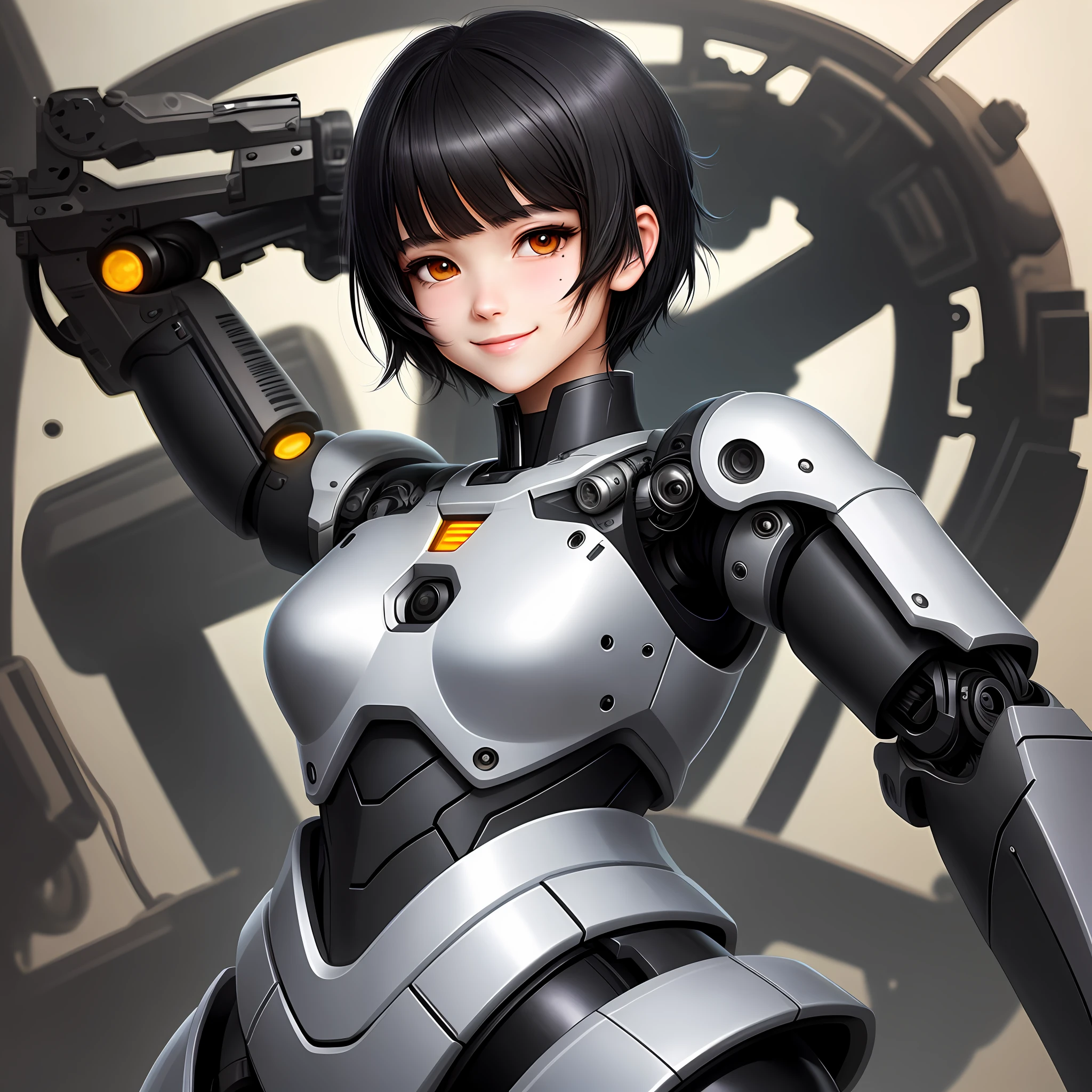 An anime-style illustrator with a robotic arm. Black bangs, short hair. There is a small black mole at the corner of the mouth, beautiful. Tender, smiling, arms open