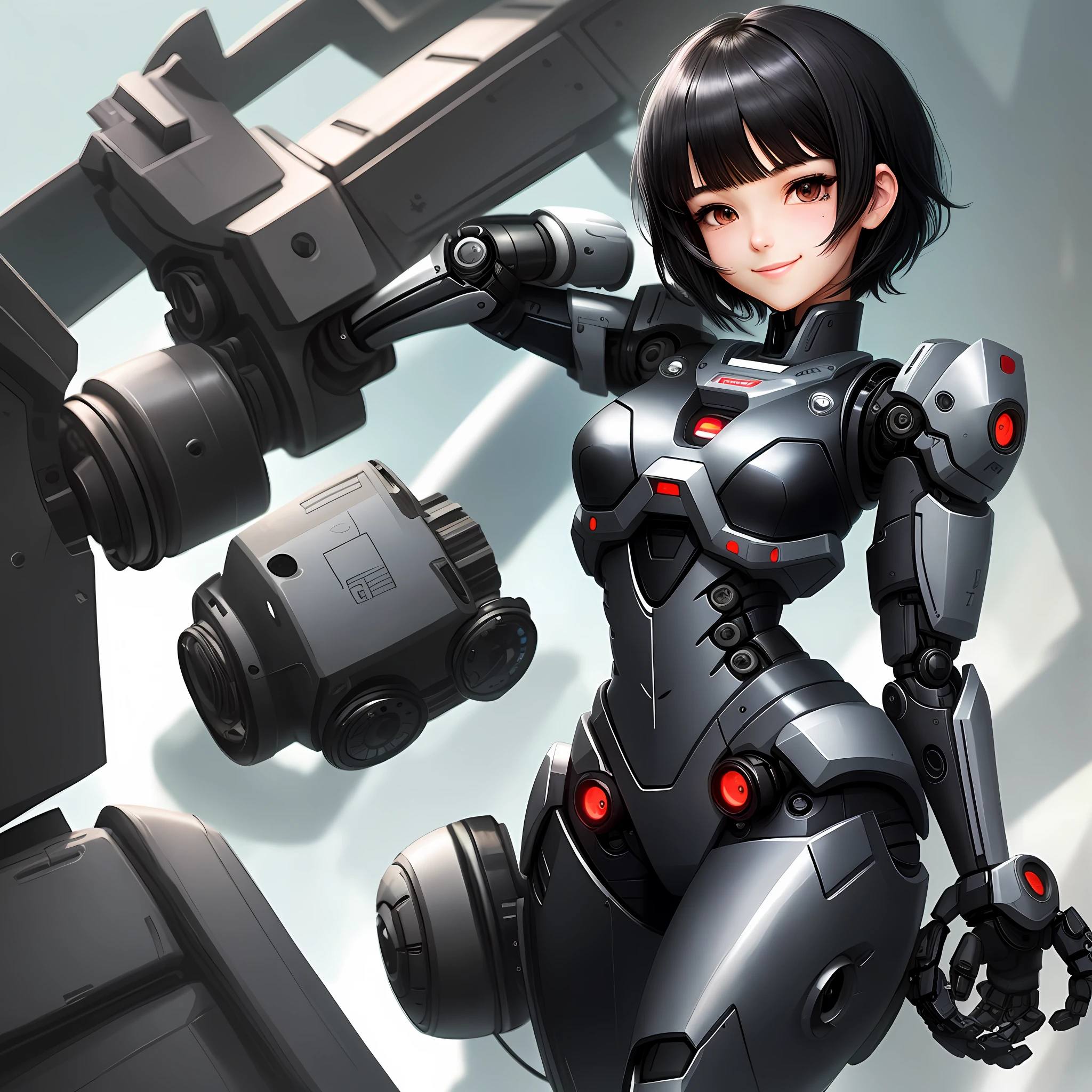 An anime-style illustrator with a robotic arm. Black bangs, short hair. There is a small black mole at the corner of the mouth, beautiful. Tender, smiling, arms open