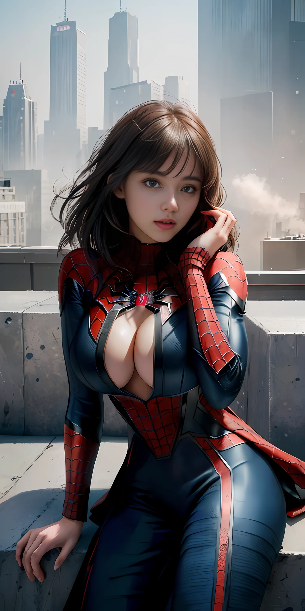 (1 girl:1.3), Solo, (((Highly detailed face)))), ((Highly detailed eyes and face)))), Beautiful detailed eyes, Body parts__, official art, unified 8k wallpaper, ultra detailed, beautiful and beautiful, beautiful, masterpiece, best quality, original, masterpiece, ultra fine photography, best quality, ultra high definition, realistic realism, sunlight, full body portrait, amazing beauty, Dynamic pose, delicate face, vivid eyes, (from the front), she is in a spider-man suit, red and black color scheme, spider, highly detailed city roof background, rooftop, overlooking the city, detailed face, detailed complex busy background, messy and gorgeous milky white, highly detailed skin, realistic skin details, visible pores, clear focus, volumetric fog, 8k UHD, DSLR, high quality, Film grain, fair skin, photorealism, lomography, futuristic dystopian megalopolis, translucent, huge breasts, cleavage, emphasis