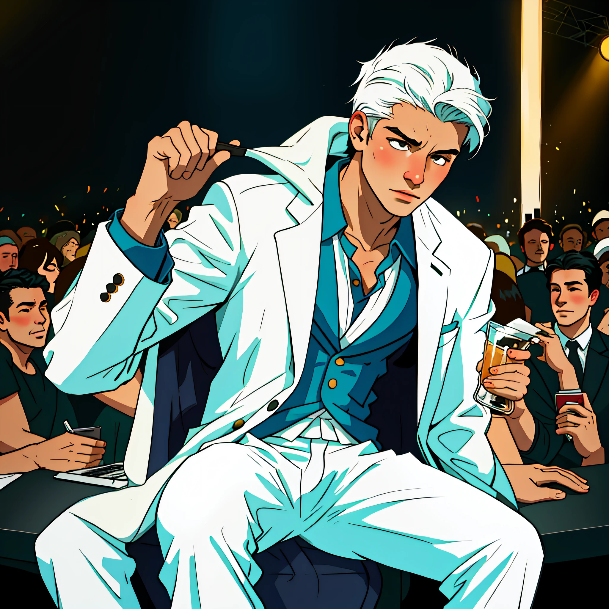 Masterpiece, best quality, realistic, ultra-detailed, portrait of a young man, white suit, head to right, sitting in the crowd around the concert with an expression of disgust and indifference