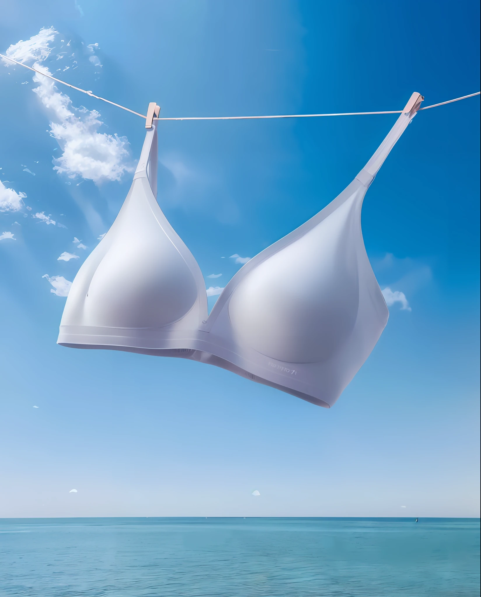 arafed white bra on a clothes line over the ocean, white bra, very tight small push up bra, push-up underwire, bra, sexy push up bras, wavy lingeries, open v chest clothes, white bikini, push-up underwire. intricate, bralette, tight push up bra, white loincloth, sport bra and shirt