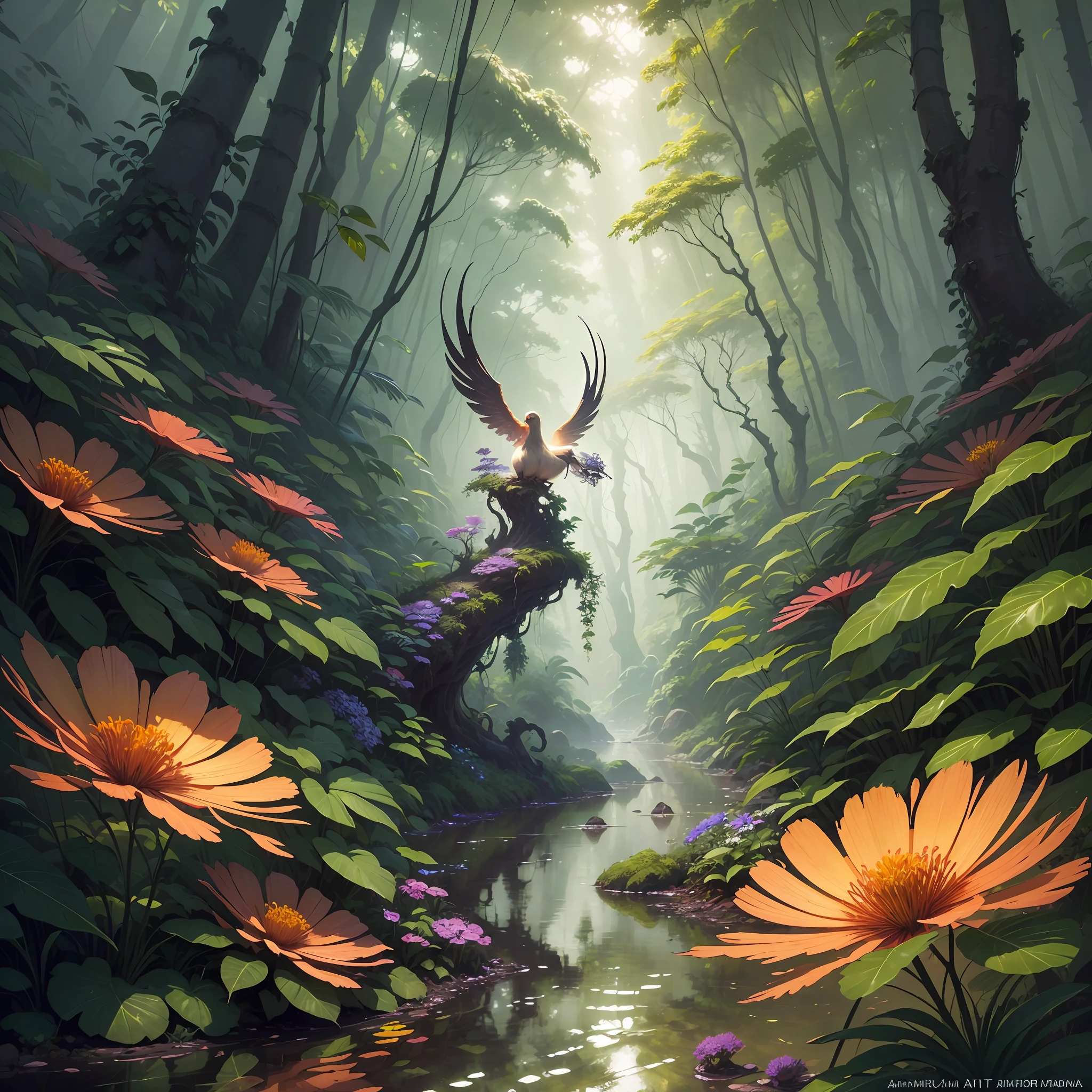 Digital illustration, detailed and intricate, realistic picture of a dense rainforest with wild flowers , the sunlight filtering through the canopy to a wide river, Dark and dirty prism effect.In the style of Yoshitaka Amano and Hayao Miyazaki, masterpiece, proportional, detailed, trending on artstation, beautiful lighting, realistic, intricate, award winning, 4k, highest quality Award-winning, 4K digital painting in the style of Yoshitaka Amano. Detailed and intricate depiction of rainforest ecosystem, masterfully capturing the chaos and drama of the nature. Beautiful lighting and cinematic composition make this piece a true masterpiece, trending on artstation --auto --s2