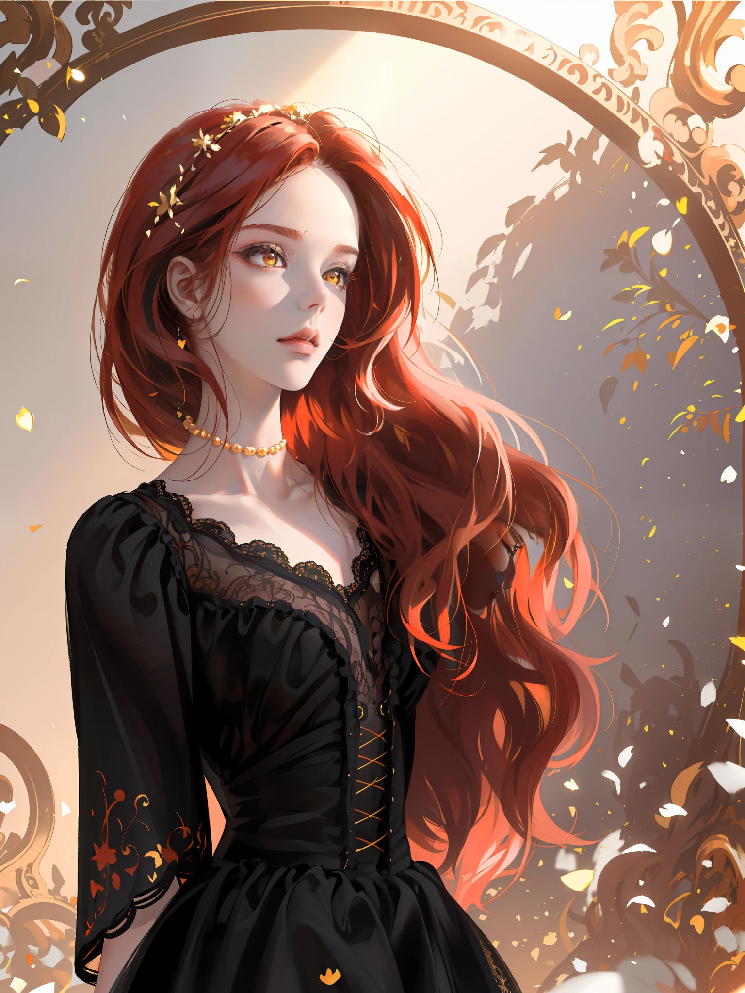 (((Masterpiece)), high quality, super detailed, red hair + black clothing: 1.2, sweet and delicate girl, ta, delicate facial features, perfect figure, face with decoration, bright bright colors, pearl white background, romantic long hair, natural light, warm and sweet, golden eyes, gorgeous hair decoration.