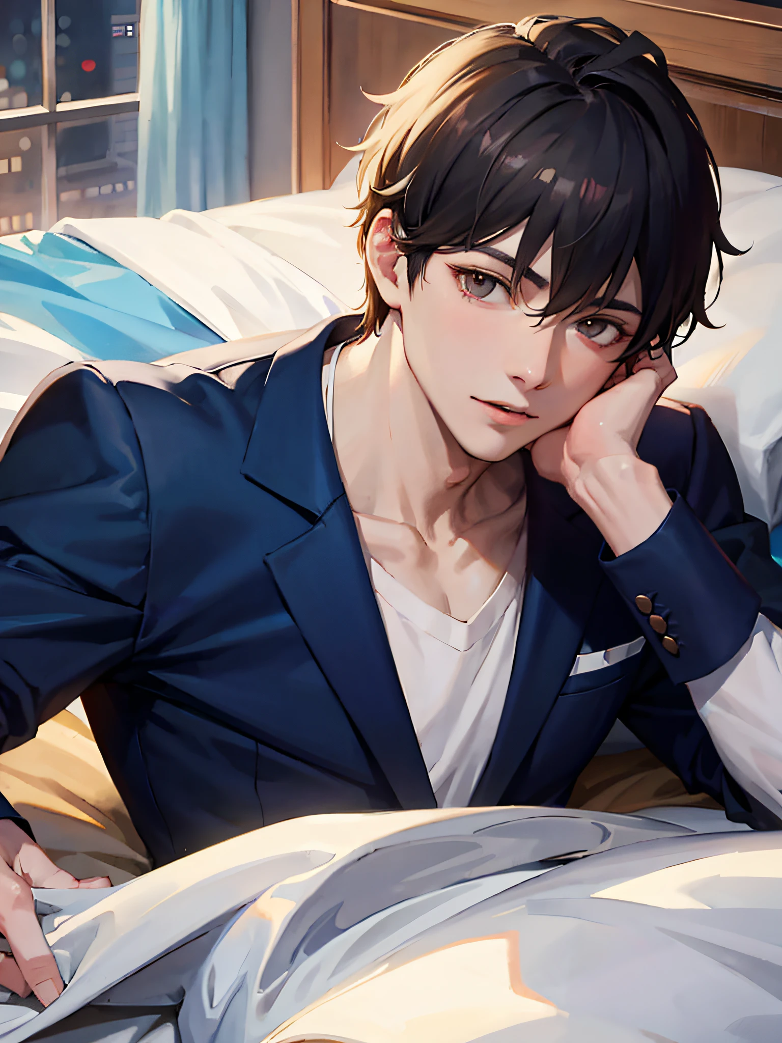 Anime boy in hospital suit lying on bed, hands on chin thinking, handsome anime pose, anime handsome man, smooth anime CG art, Guvez style artwork, anime portrait of a handsome man, high quality fanart, digital anime illustration, tall anime man with black eyes, handsome guy in art, delicate handsome face, detail portrayal, close-up of shots, on a hospital bed. In the ward, the figure is well-proportioned