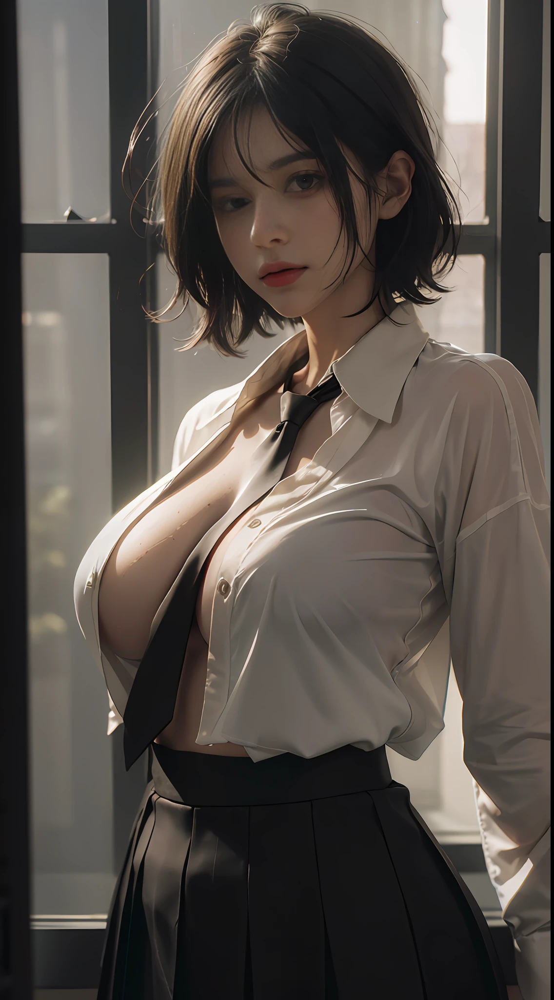 Best quality,masterpiece,ultra high res,photorealistic,raw photo,insanely detailed,1girl,short hair,looking at viewer,((pleated black necktie)),collared shirt,pleated skirt,best shadow,intricate,((((low key, dark scene, dimly lit)))),(((soft window natural lighting:1.4))),middle shot,forest,golden ratio, (nsfw:1.2),wet clothes,no bra,huge breasts,(open shirt:1.3),