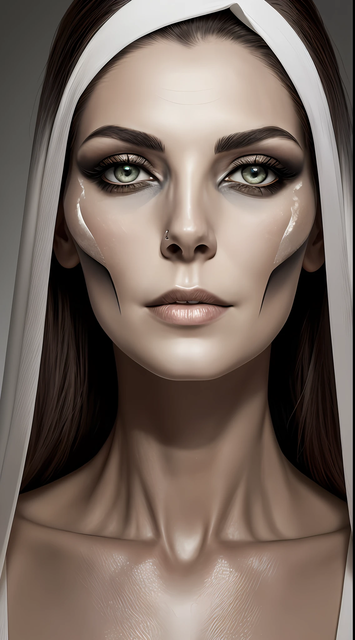 (8k, RAW photo, top quality), A 50-year-old woman, thin and pale, with half the female face and the other half with features of a skull. Its angular and expressive features confer a mysterious aura, while the duality between beauty and morbidity fascinates and intrigues. His presence is unforgettable and enigmatic. close-up+, (detailed eyes: 0.8), (looking at camera: 1.4), (maximum quality), (best shadow), intricate details, background with lights, night