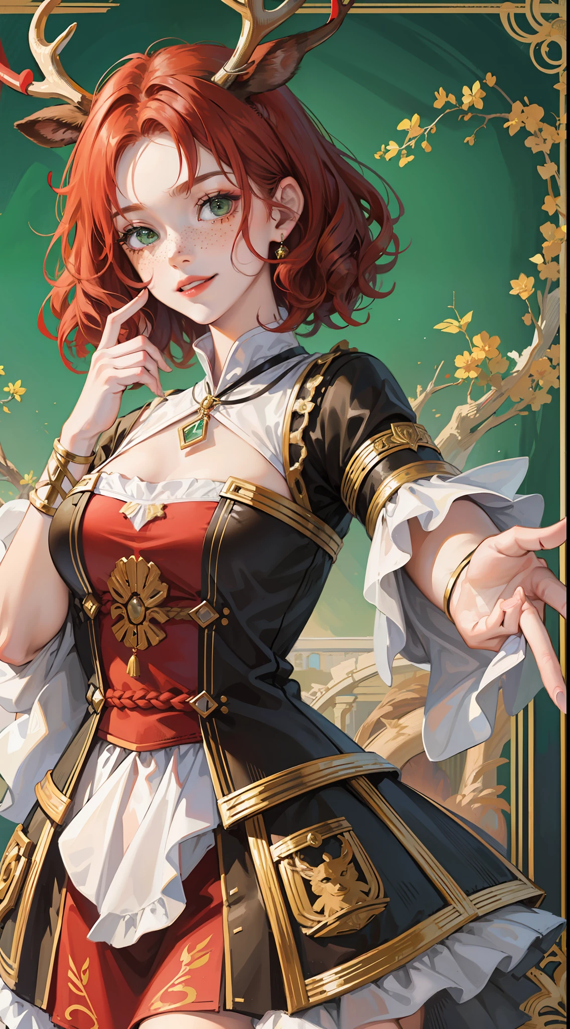 Young girl, short red hair, curly hair, green eyes, freckles, deer antlers, old Russian dress, smile, masterpiece, high quality