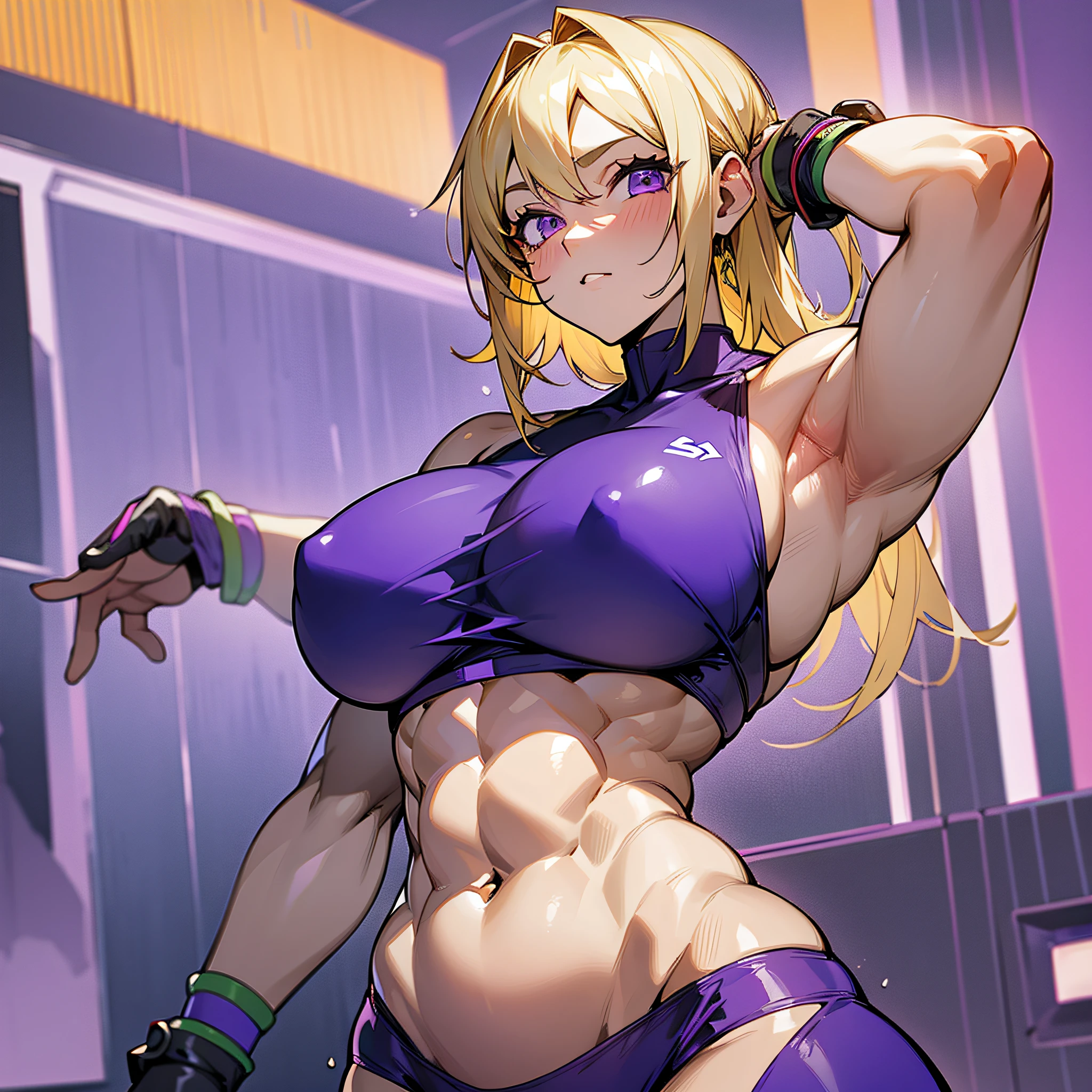 Two-dimensional, bikini, blonde, purple eyes, big belly, abs, muscles --auto --s2