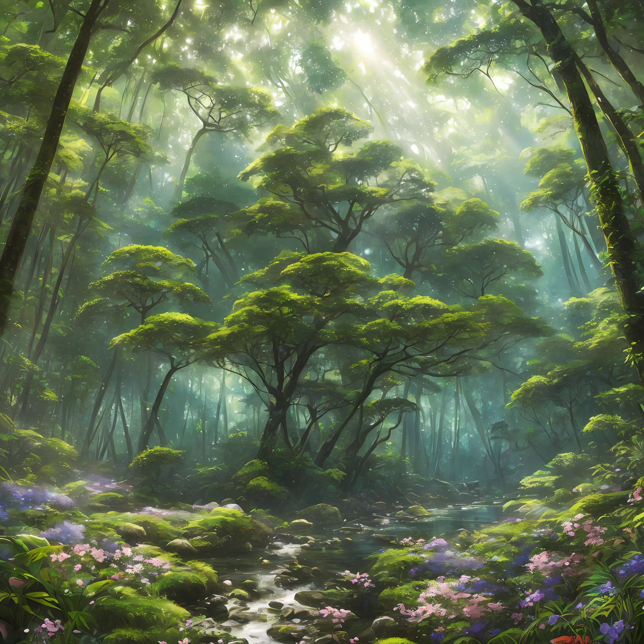 Digital illustration, detailed and intricate, realistic picture of a dense rainforest with wild flowers , the sunlight filtering through the canopy to a wide river, Dark and dirty prism effect.In the style of Yoshitaka Amano and Hayao Miyazaki, masterpiece, proportional, detailed, trending on artstation, beautiful lighting, realistic, intricate, award winning, 4k, highest quality Award-winning, 4K digital painting in the style of Yoshitaka Amano. Detailed and intricate depiction of rainforest ecosystem, masterfully capturing the chaos and drama of the nature. Beautiful lighting and cinematic composition make this piece a true masterpiece, trending on artstation --auto --s2
