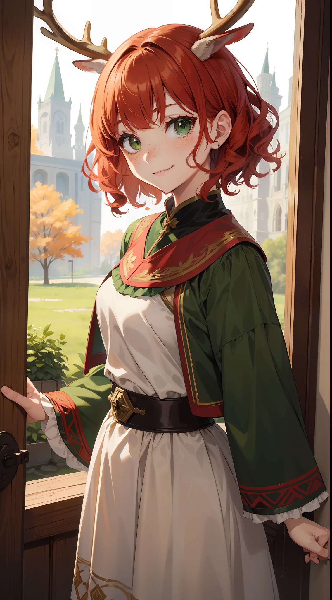 Young girl, short red hair, curly hair, green eyes, freckles, deer antlers, old Russian dress, smile, masterpiece, high quality