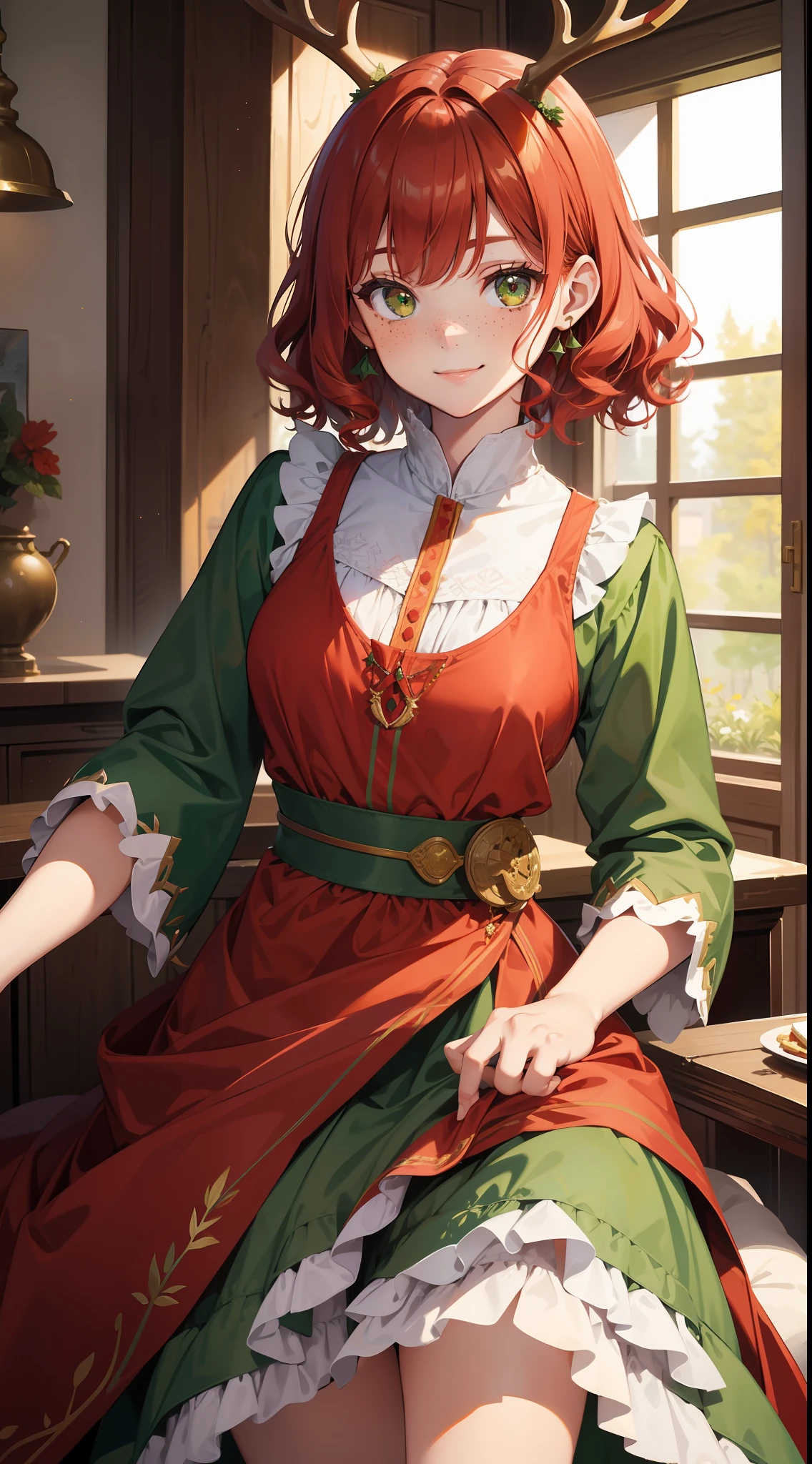 Young girl, short red hair, curly hair, green eyes, freckles, deer antlers, old Russian dress, smile, masterpiece, high quality