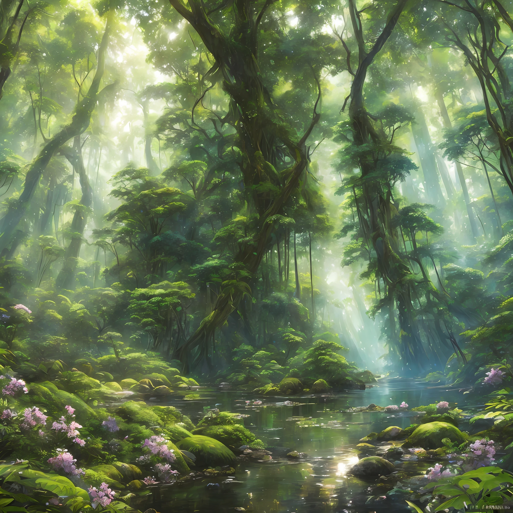Digital illustration, detailed and intricate, realistic picture of a dense rainforest with wild flowers , the sunlight filtering through the canopy to a wide river, Dark and dirty prism effect.In the style of Yoshitaka Amano and Hayao Miyazaki, masterpiece, proportional, detailed, trending on artstation, beautiful lighting, realistic, intricate, award winning, 4k, highest quality Award-winning, 4K digital painting in the style of Yoshitaka Amano. Detailed and intricate depiction of rainforest ecosystem, masterfully capturing the chaos and drama of the nature. Beautiful lighting and cinematic composition make this piece a true masterpiece, trending on artstation --auto --s2