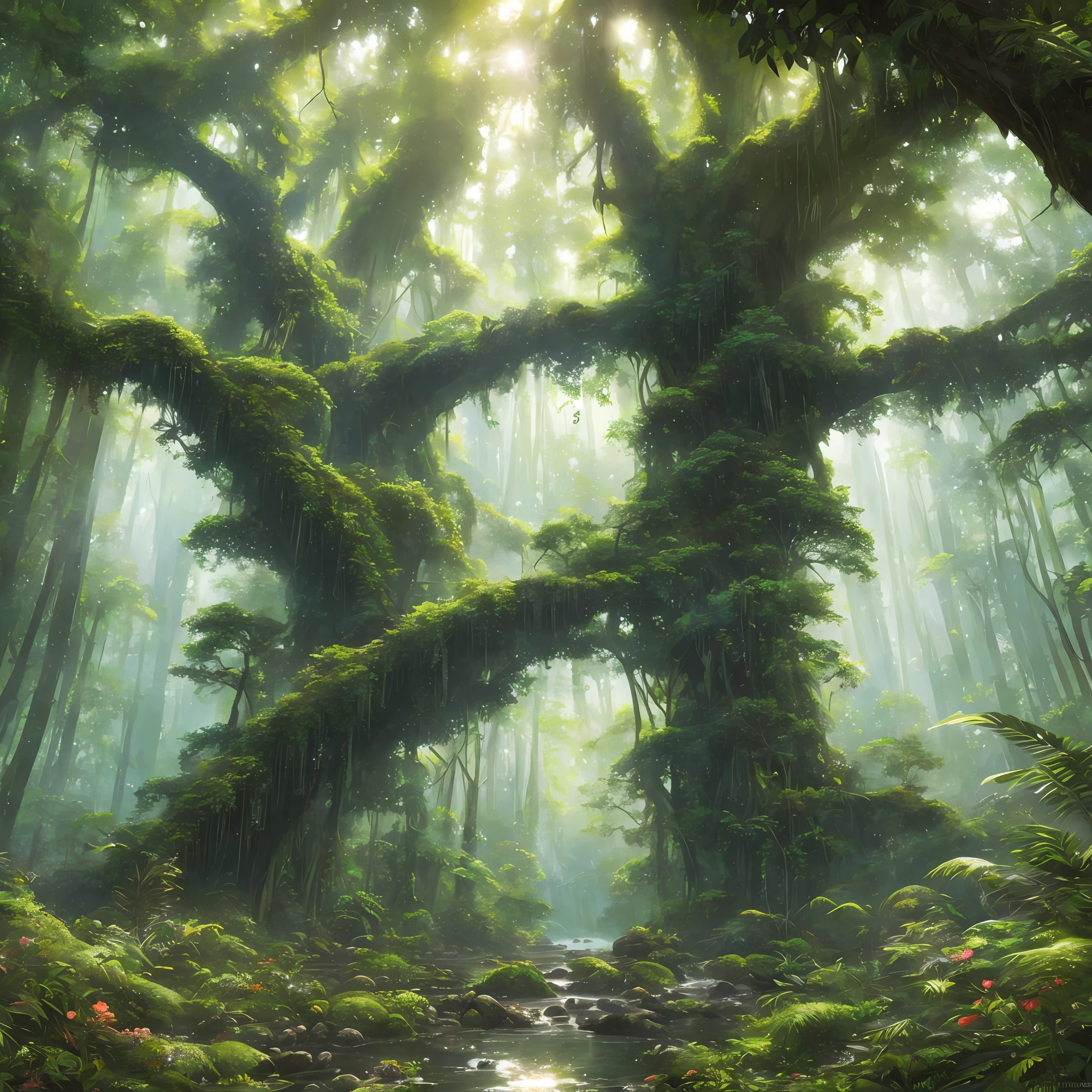 Digital illustration, detailed and intricate, realistic picture of a dense rainforest with wild flowers , the sunlight filtering through the canopy to a wide river, Dark and dirty prism effect.In the style of Yoshitaka Amano and Hayao Miyazaki, masterpiece, proportional, detailed, trending on artstation, beautiful lighting, realistic, intricate, award winning, 4k, highest quality Award-winning, 4K digital painting in the style of Yoshitaka Amano. Detailed and intricate depiction of rainforest ecosystem, masterfully capturing the chaos and drama of the nature. Beautiful lighting and cinematic composition make this piece a true masterpiece, trending on artstation --auto --s2
