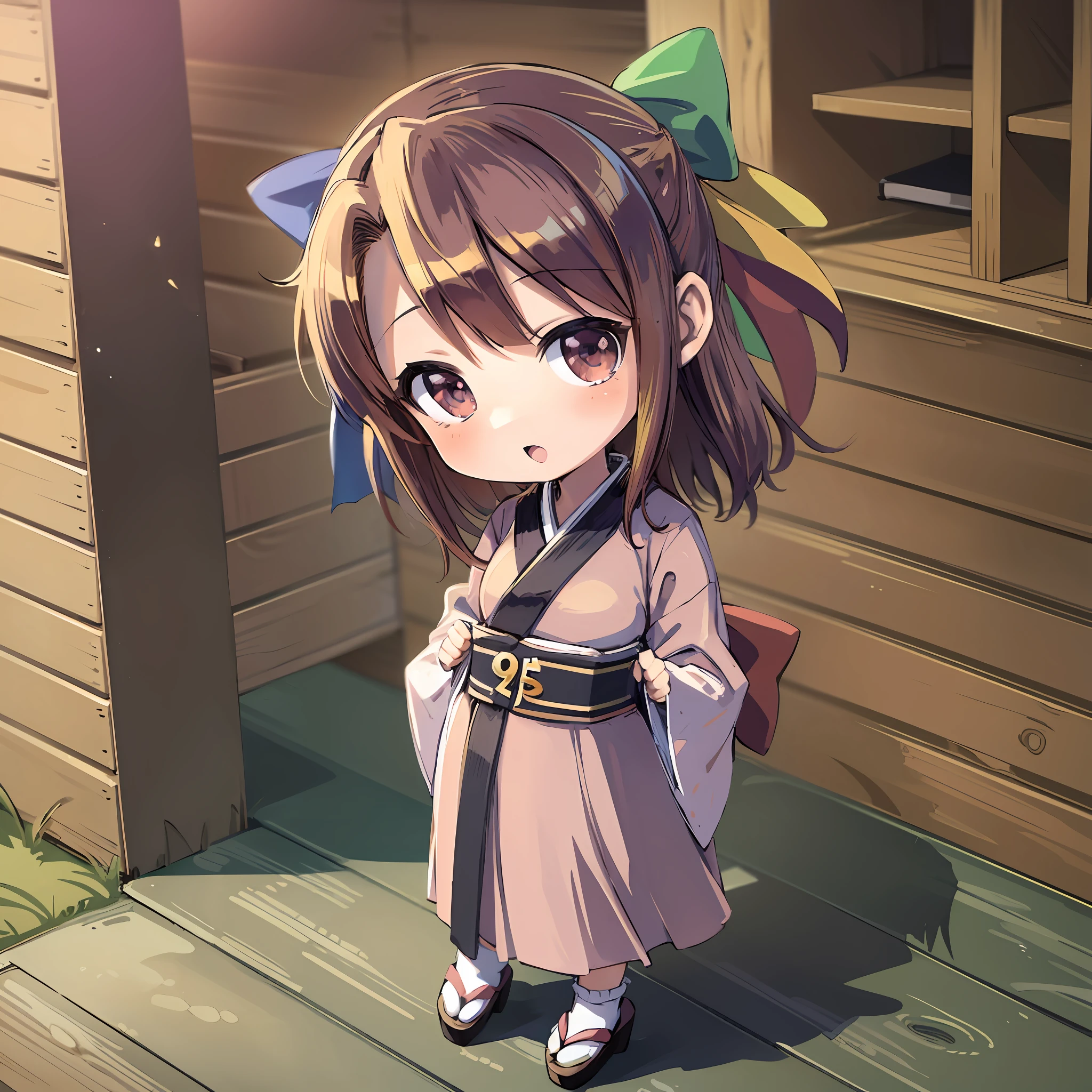 (masterpiece)), best quality, (((chibi anime))), 1girl,  ((((no background)))), 95-tan, red and yellow and blue and green hair bow, japanese clothes, pink kimono, brown hair