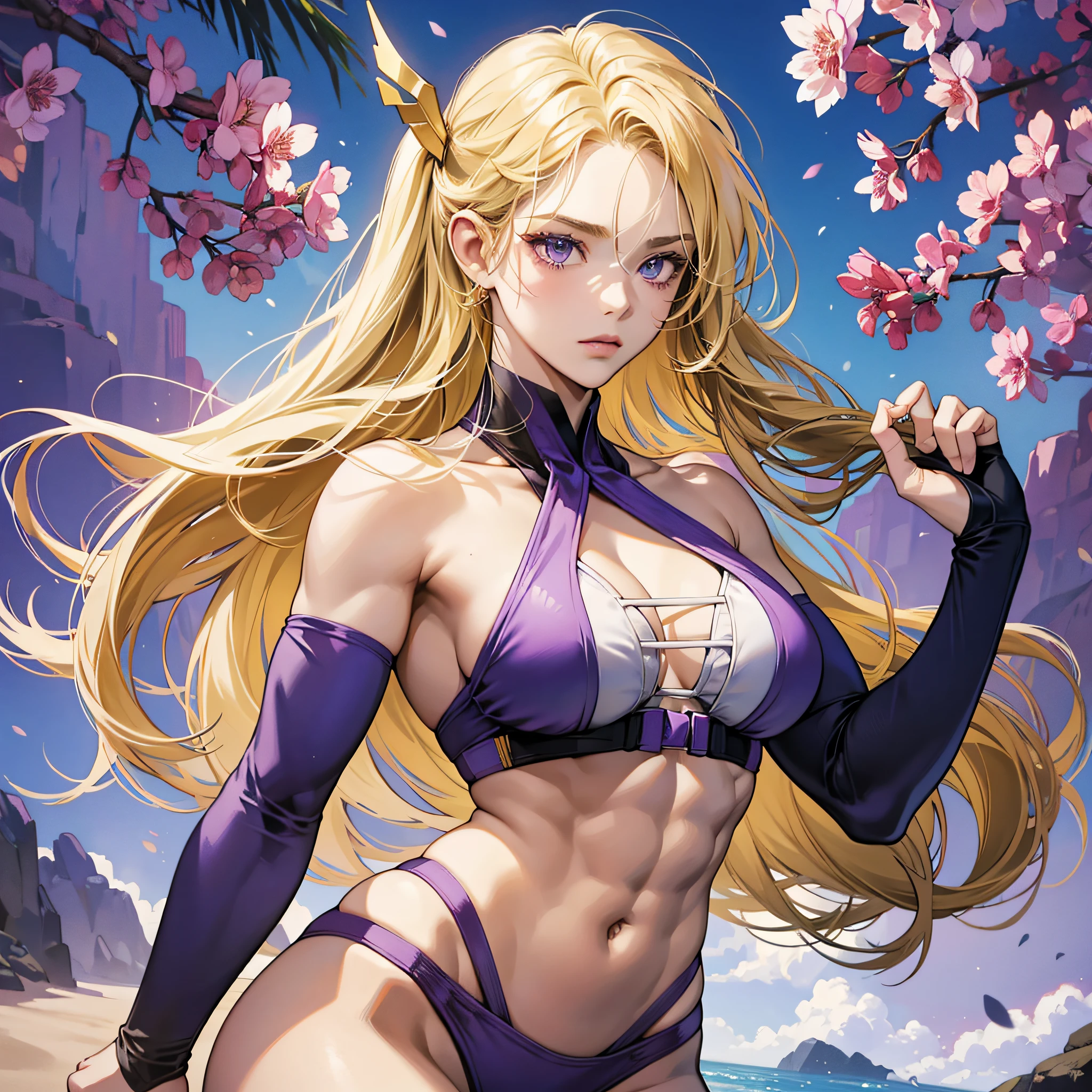 Two-dimensional bikini, temperamental blonde, feminine purple eyes, heroic abs, refined muscles. --auto --s2