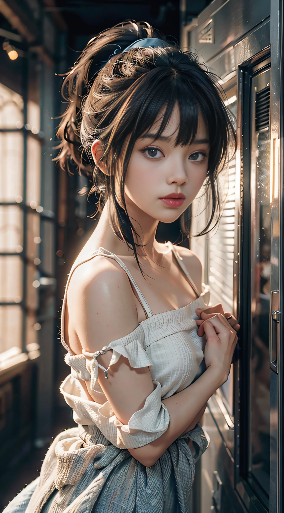 Best Quality, Masterpiece, Ultra High Resolution, (Realisticity: 1.4), Original Photo, 1Girl, Blue Eyes, Off-Shoulders, Cinematic Lighting, Bangs, High Ponytail,