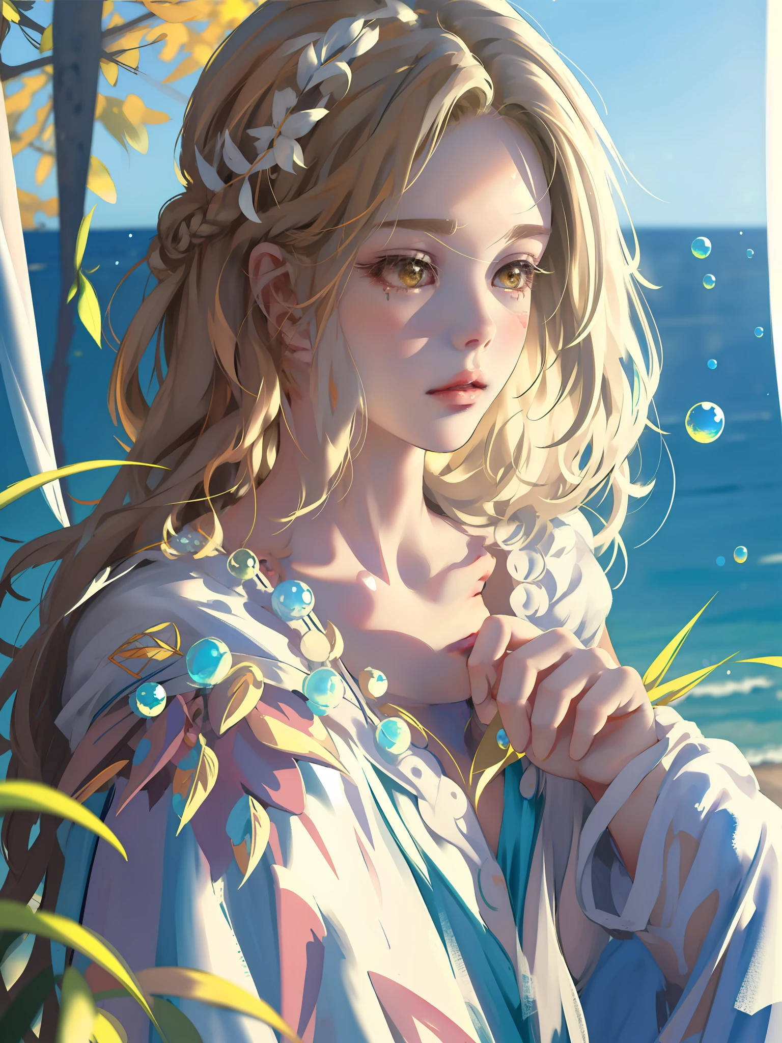((Masterpiece)), high quality, super detailed, blonde hair + white clothing: 1.2, sweet and delicate girl, bjd, lolita, delicate facial features, perfect figure, face with pearl decoration, surrounding bubbles, bright bright colors, romantic long hair, natural light, warm and sweet, brown eyes, gorgeous hair decoration.