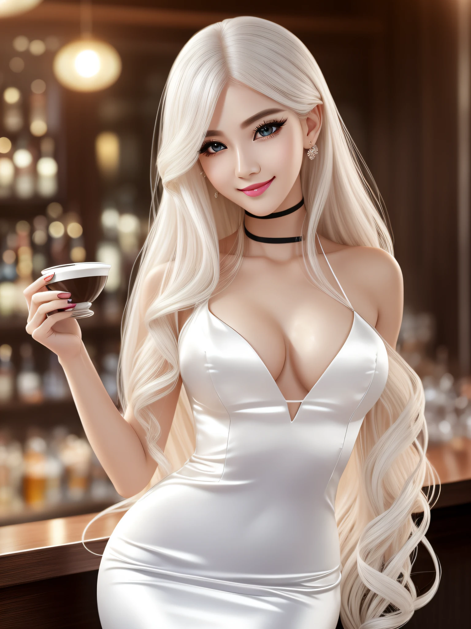 Working woman, white collar worker, slender figure, medium chest, attractive smile, upturned corner of mouth, silvery-white hair, blonde hair, long flowing hair, three-seven hair type, curly, brightly lit hair, exquisite and perfect facial features, dark coffee beautiful eyes, slender eyebrows, eyeshadow, blush, sexy lips, lipstick translucent and shiny, the most beautiful big eyes, Light in the eyes, transparent reflection of black eyes, long eyelashes, sweet eyes of lying silkworm, smile, in BAR, good posture, macro, close viewer, white mermaid dress, korean girl, --auto --s2